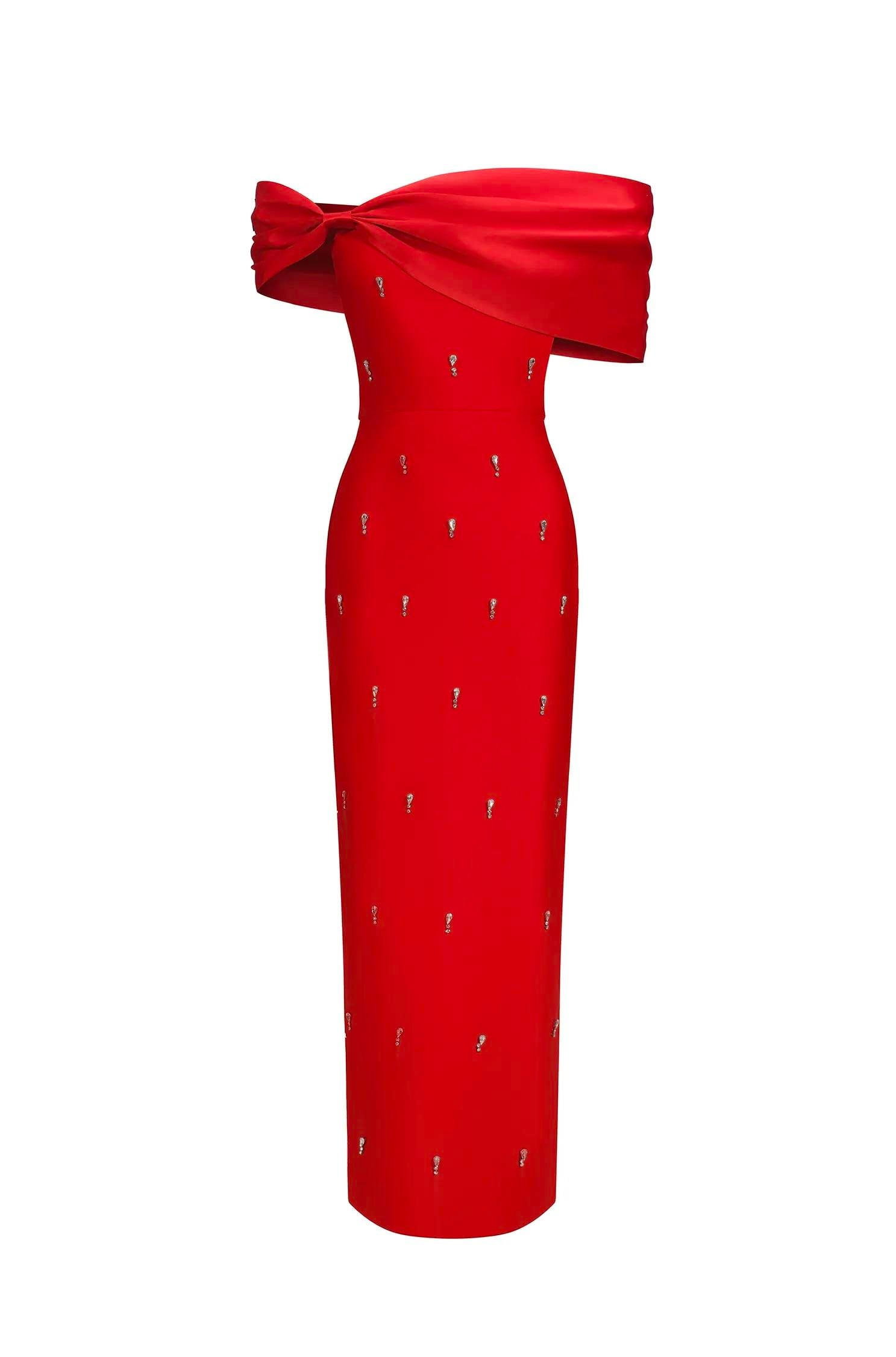 Kristal Taş Detaylı Kırmızı Elbise