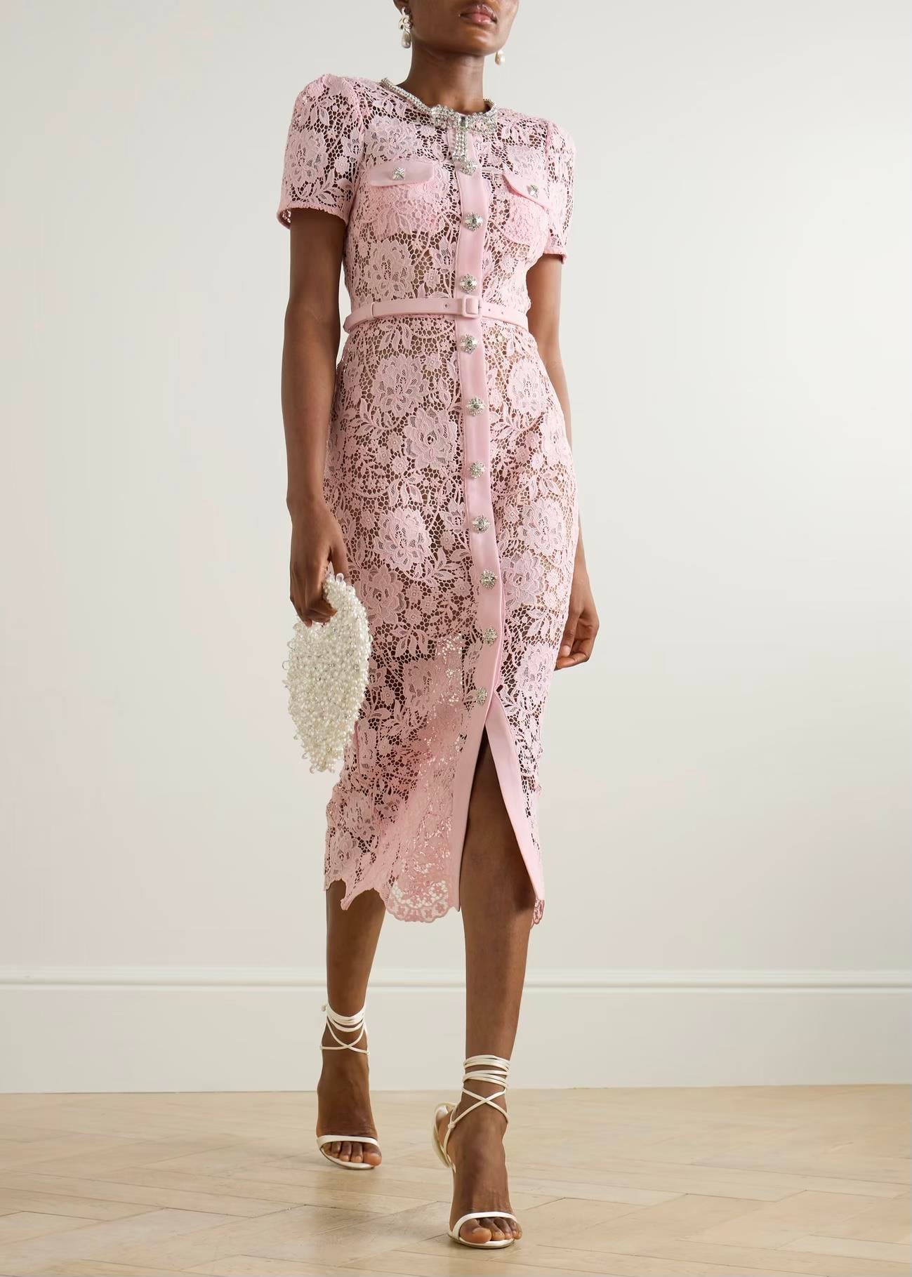 Kristal Taş Detaylı Pembe Dantel Midi Elbise