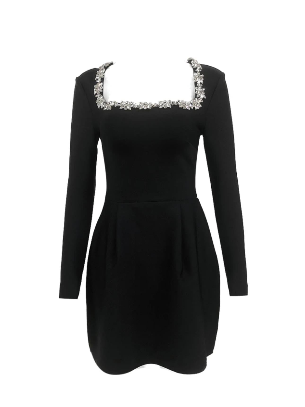 Kristal Taş Detaylı Siyah Mini Elbise