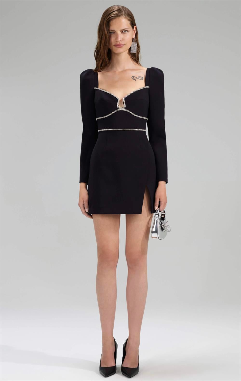 Kristal Taş Detaylı Siyah Mini Elbise