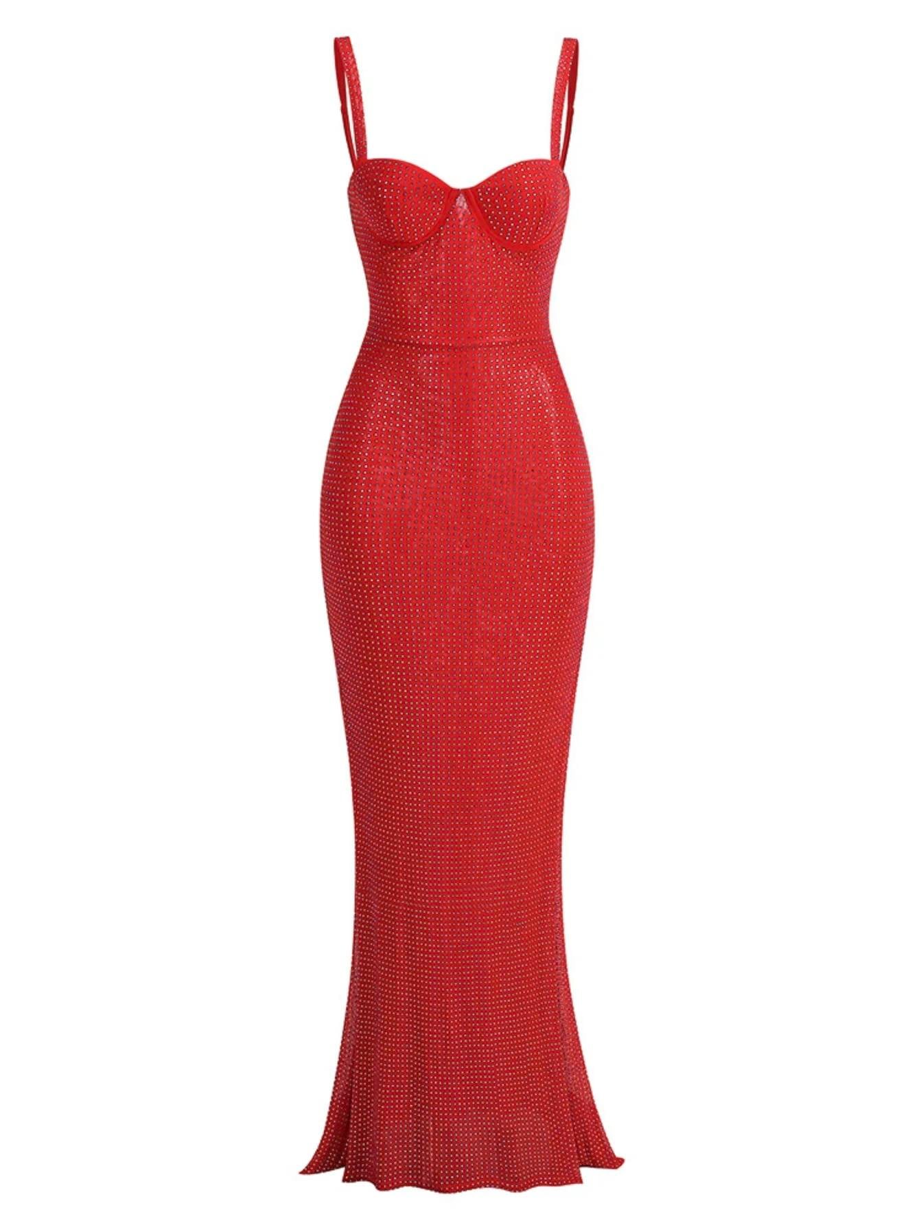 Kristal Taşlı Askılı Kırmızı Maksi Elbise