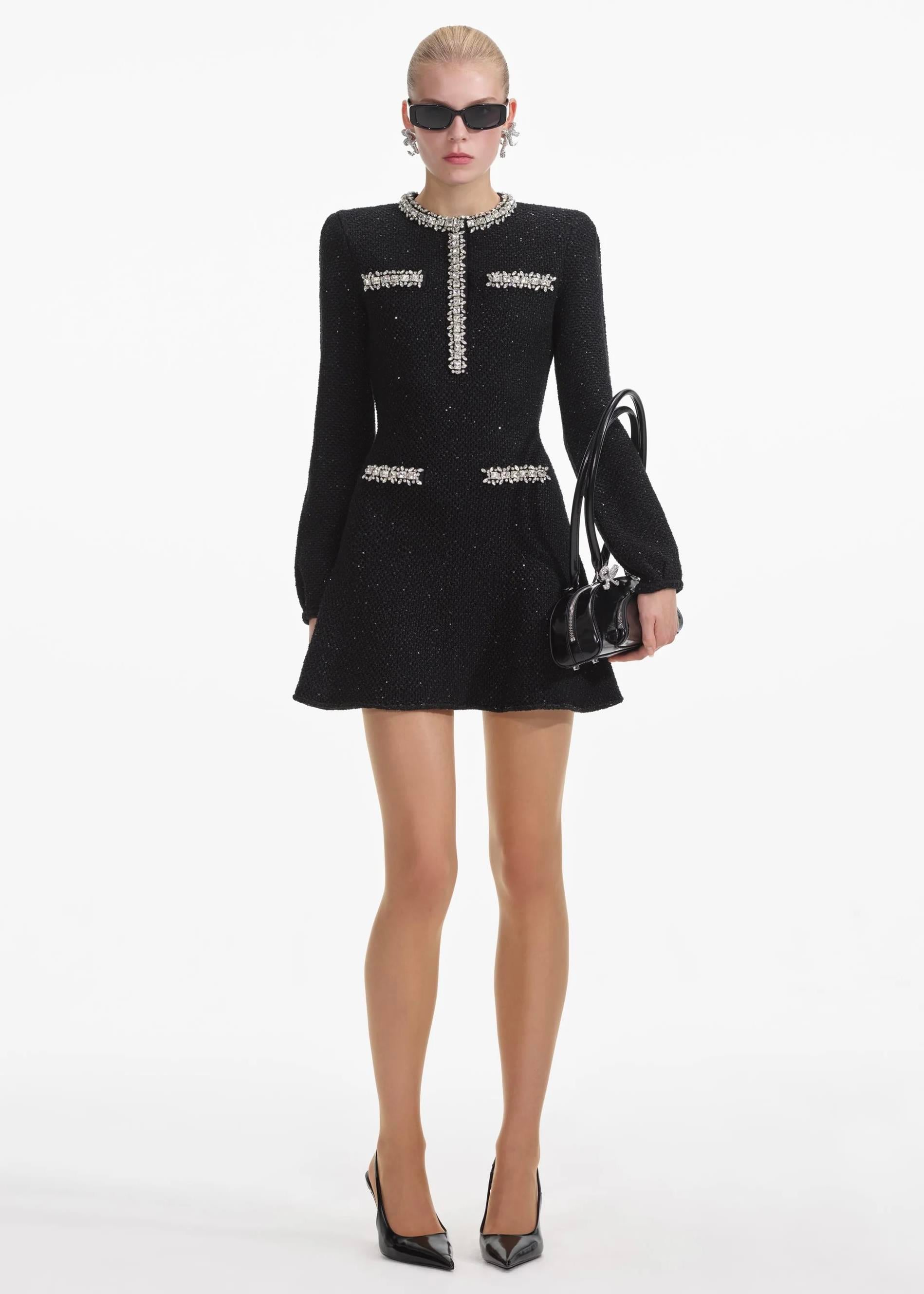 Kristal Taşlı Cepli Siyah Triko Mini Elbise