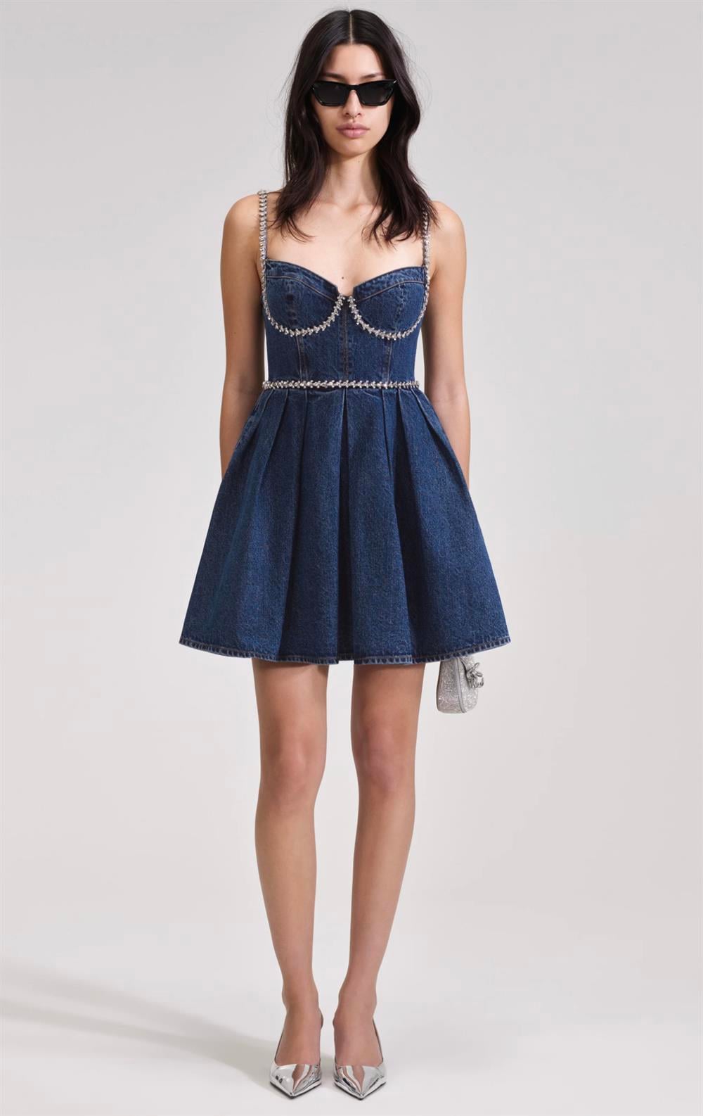 Kristal Taşlı Denim Mini Elbise