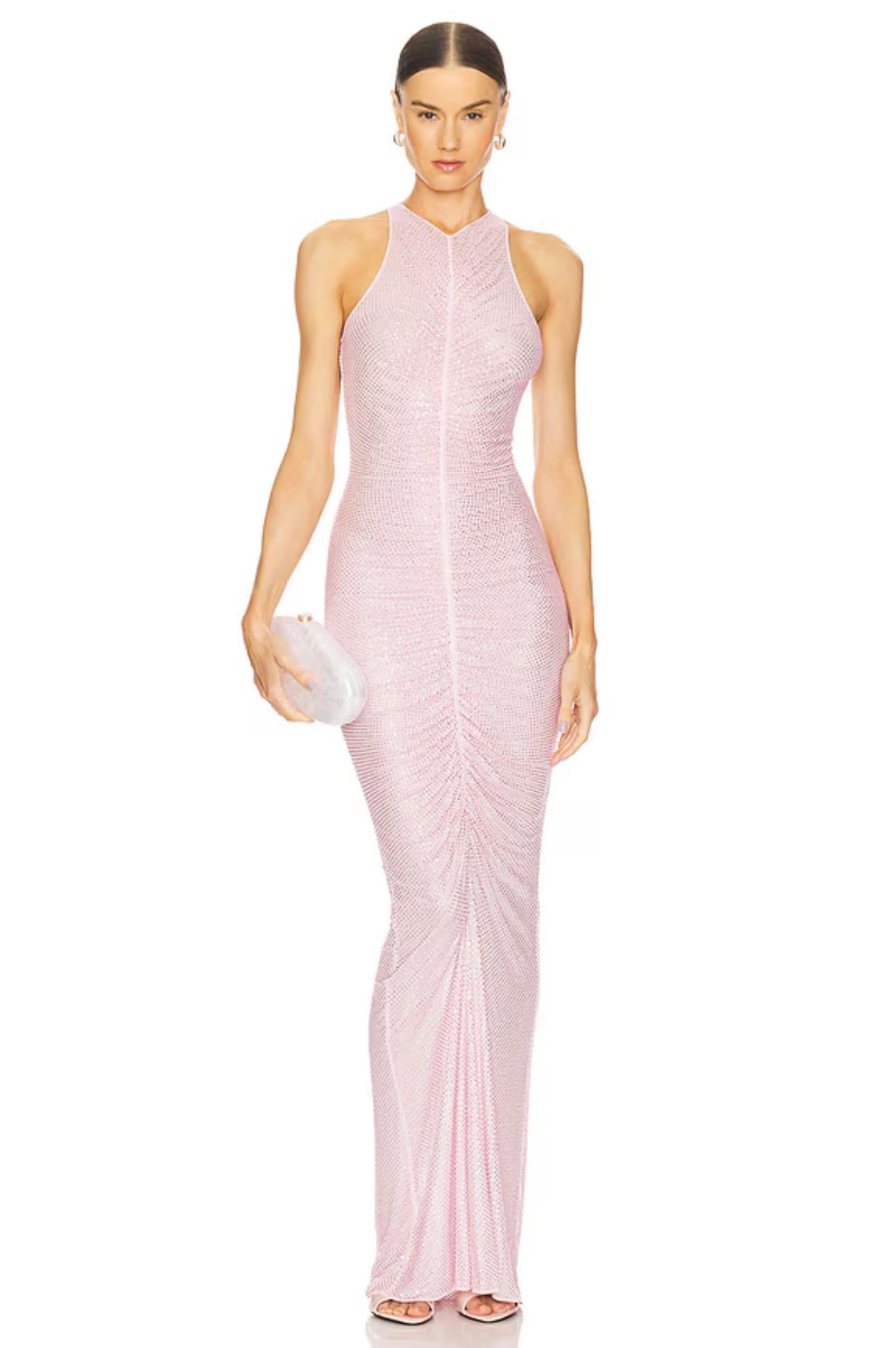 Kristal Taşlı Halter Yaka Maksi Elbise