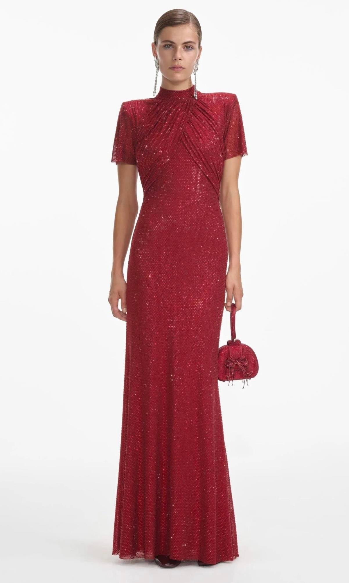 Kristal Taşlı Kırmızı Maksi Elbise