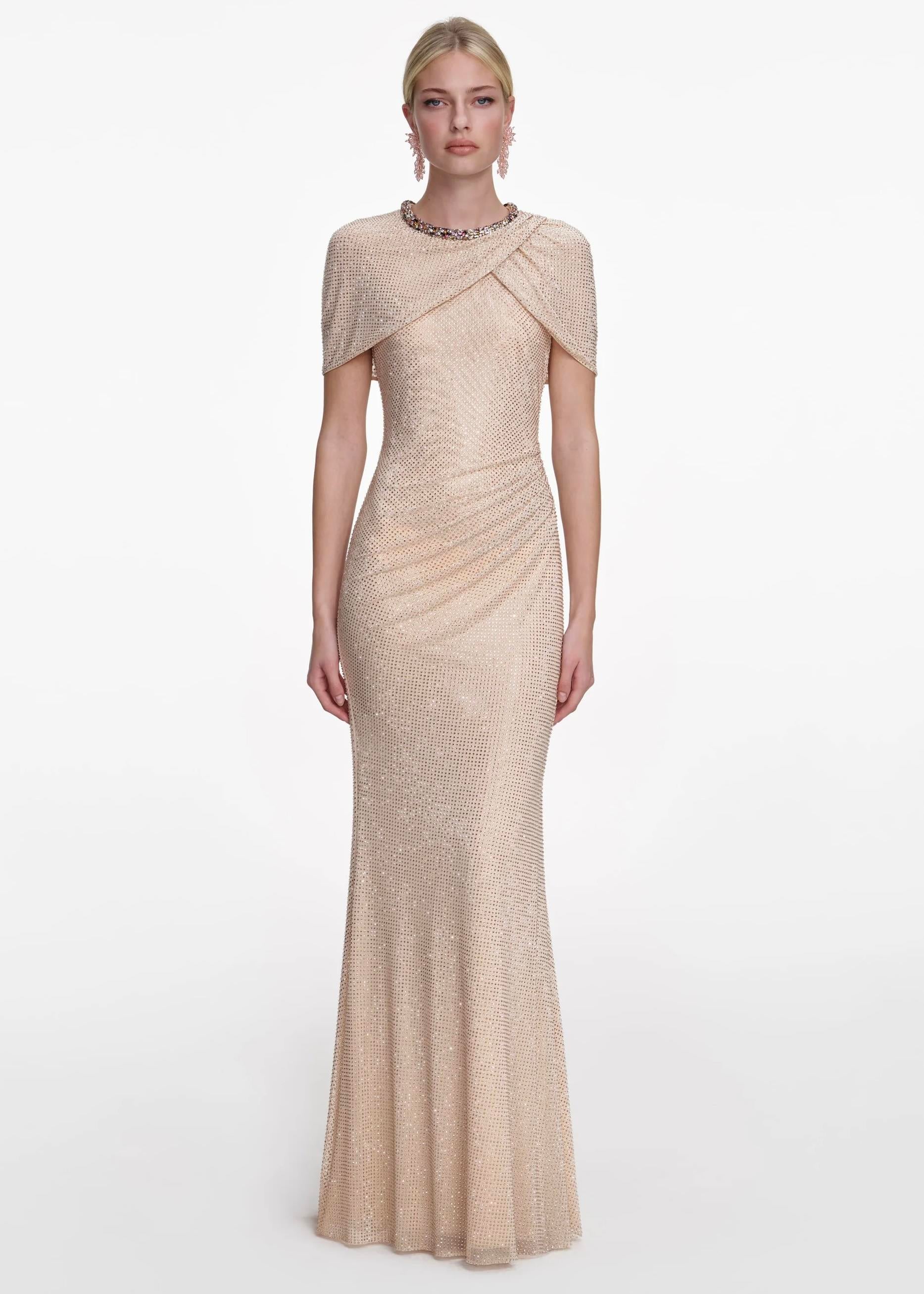 Kristal Taşlı Krem Maksi Elbise