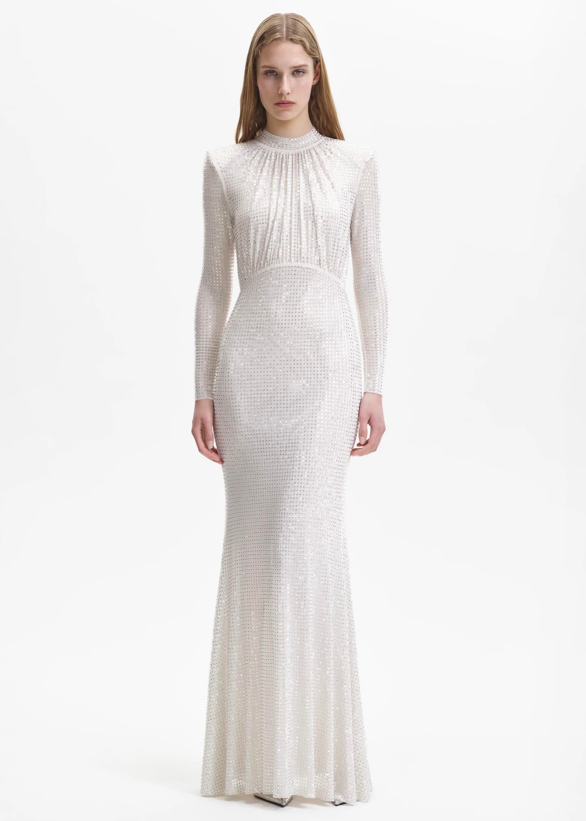 Kristal Taşlı Krem Maksi Elbise