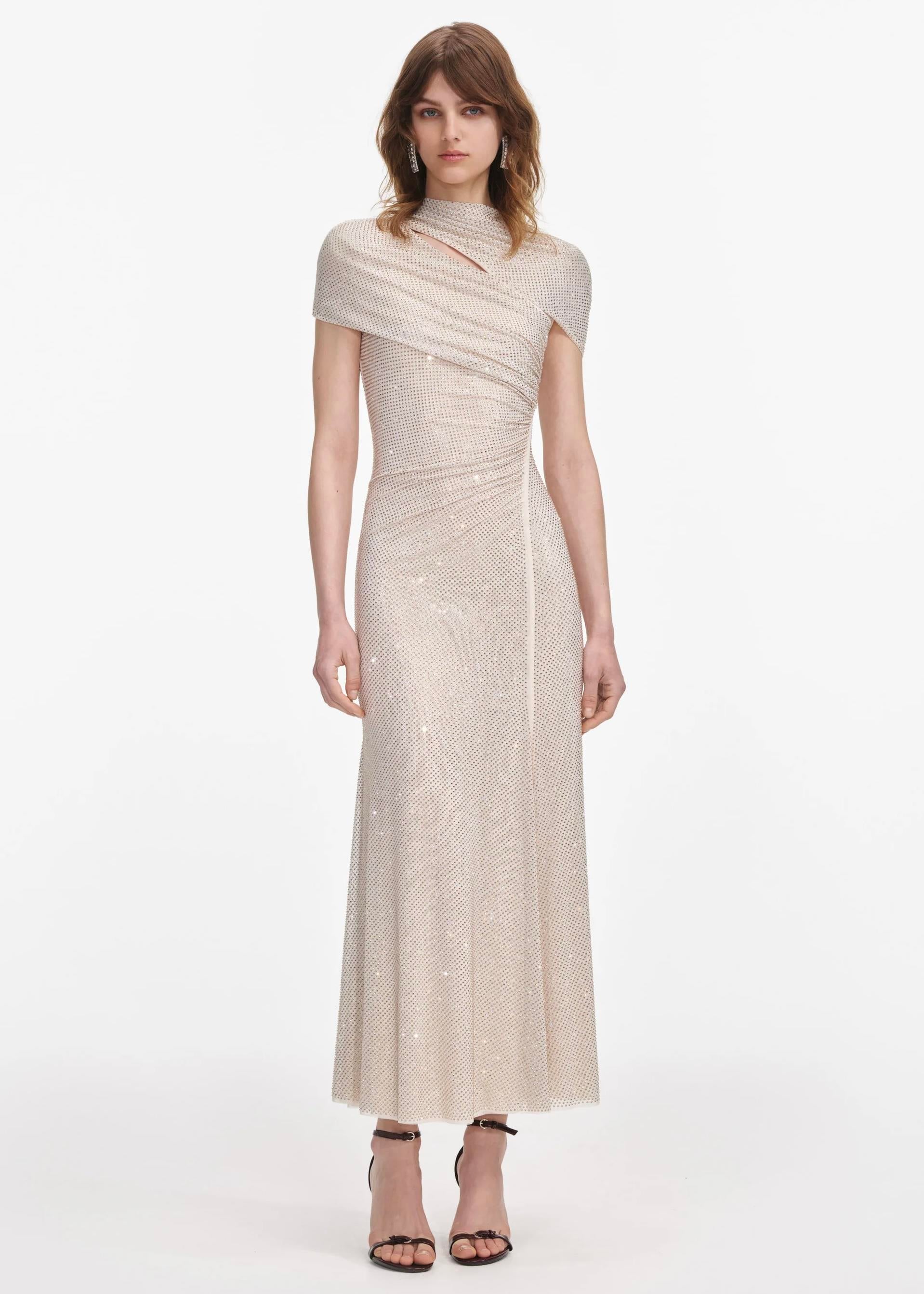 Kristal Taşlı Krem Midi Elbise