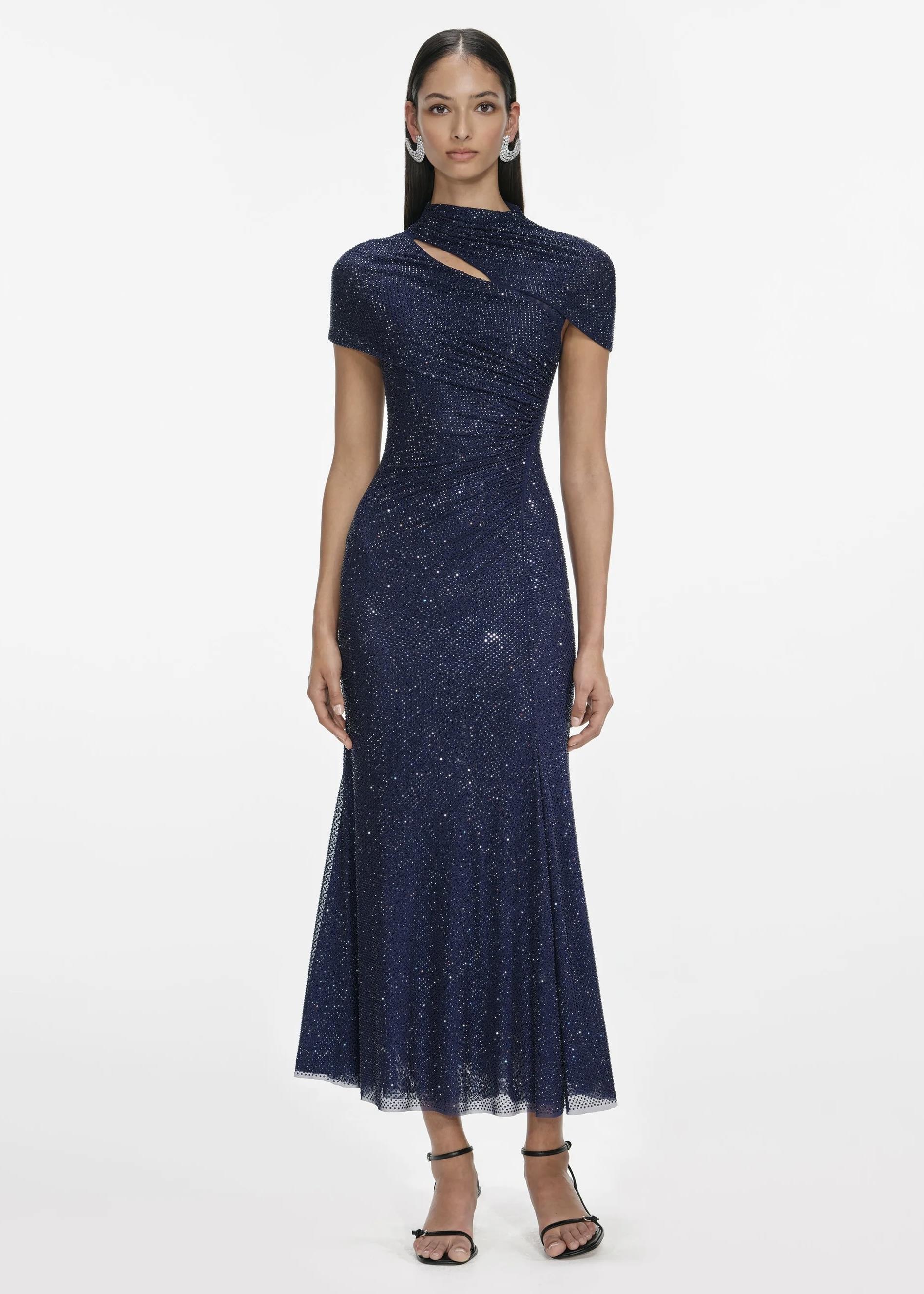 Kristal Taşlı Lacivert Midi Elbise