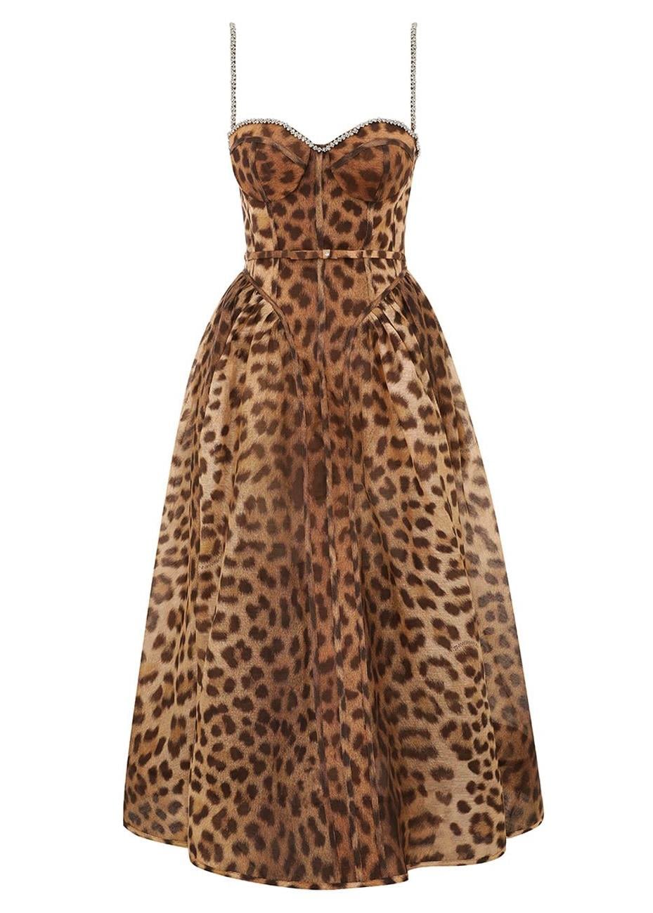 Kristal Taşlı Leopar Desenli Midi Elbise