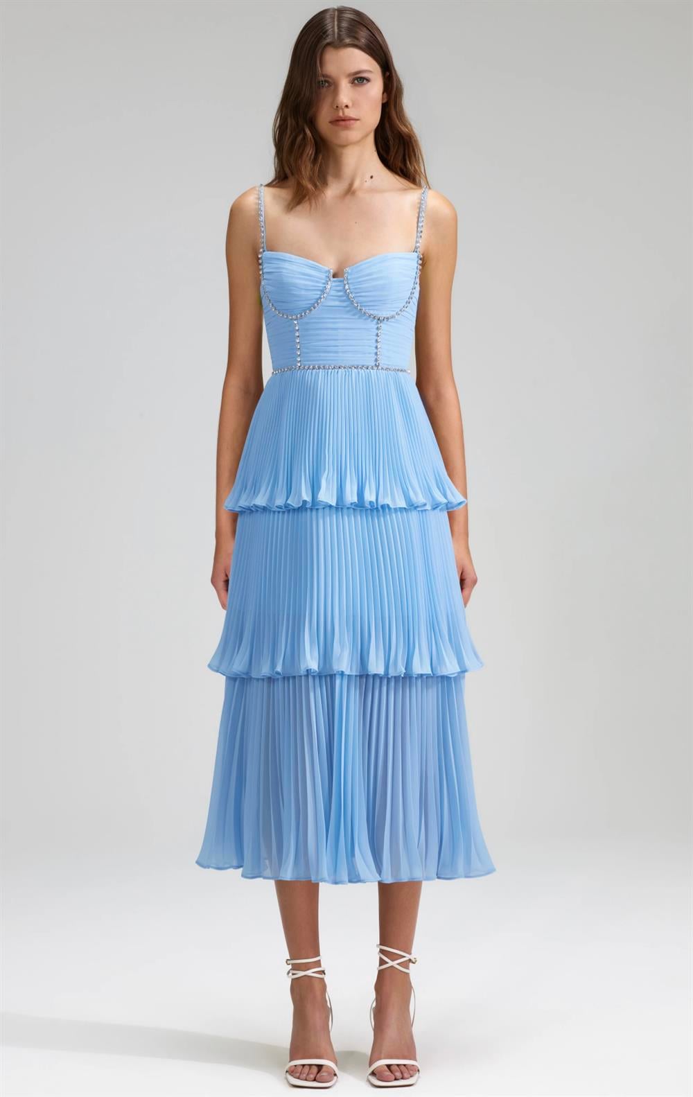 Kristal Taşlı Mavi Midi Elbise