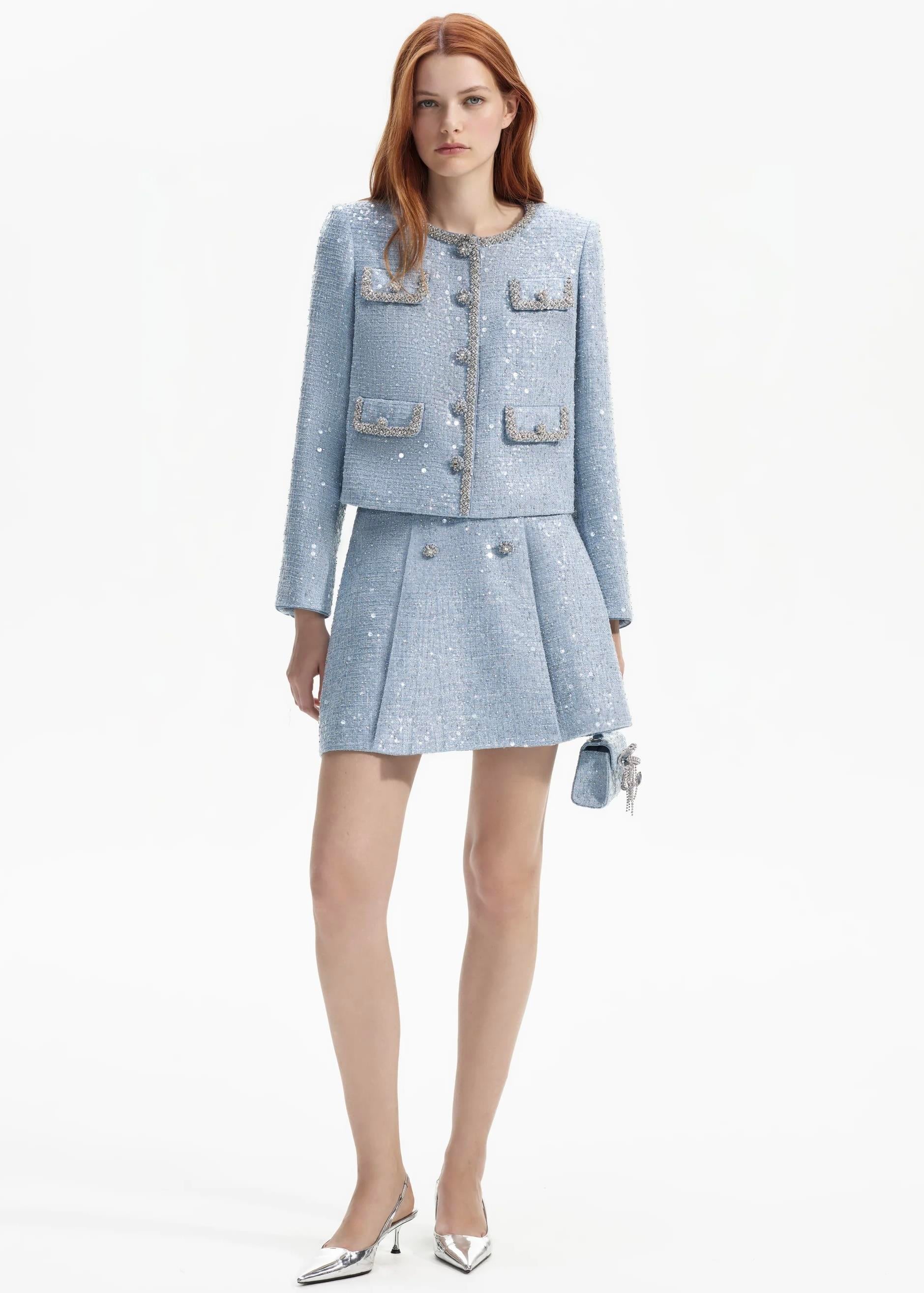 Kristal Taşlı Mavi Tüvid Ceket ve Etek Takım
