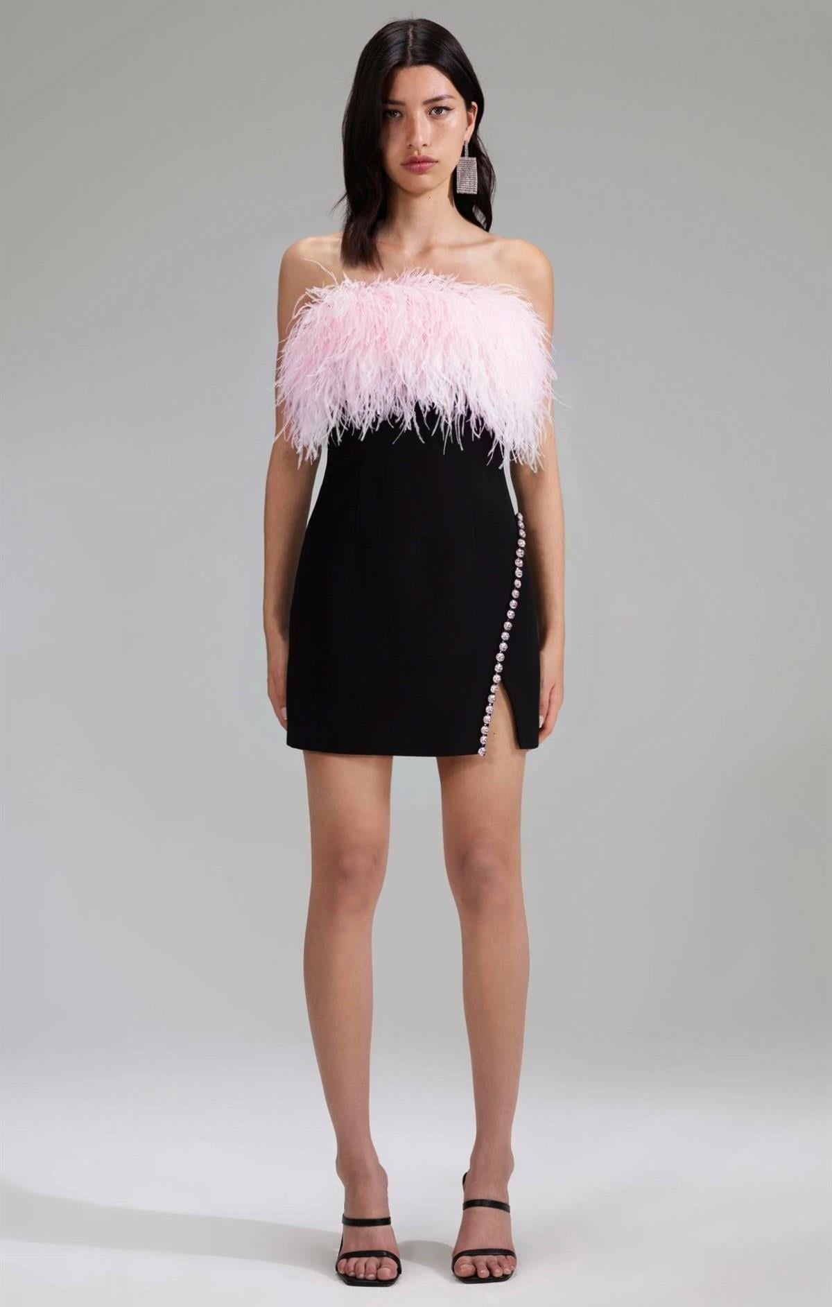 Kristal Taşlı Pembe Otrişli Mini Elbise