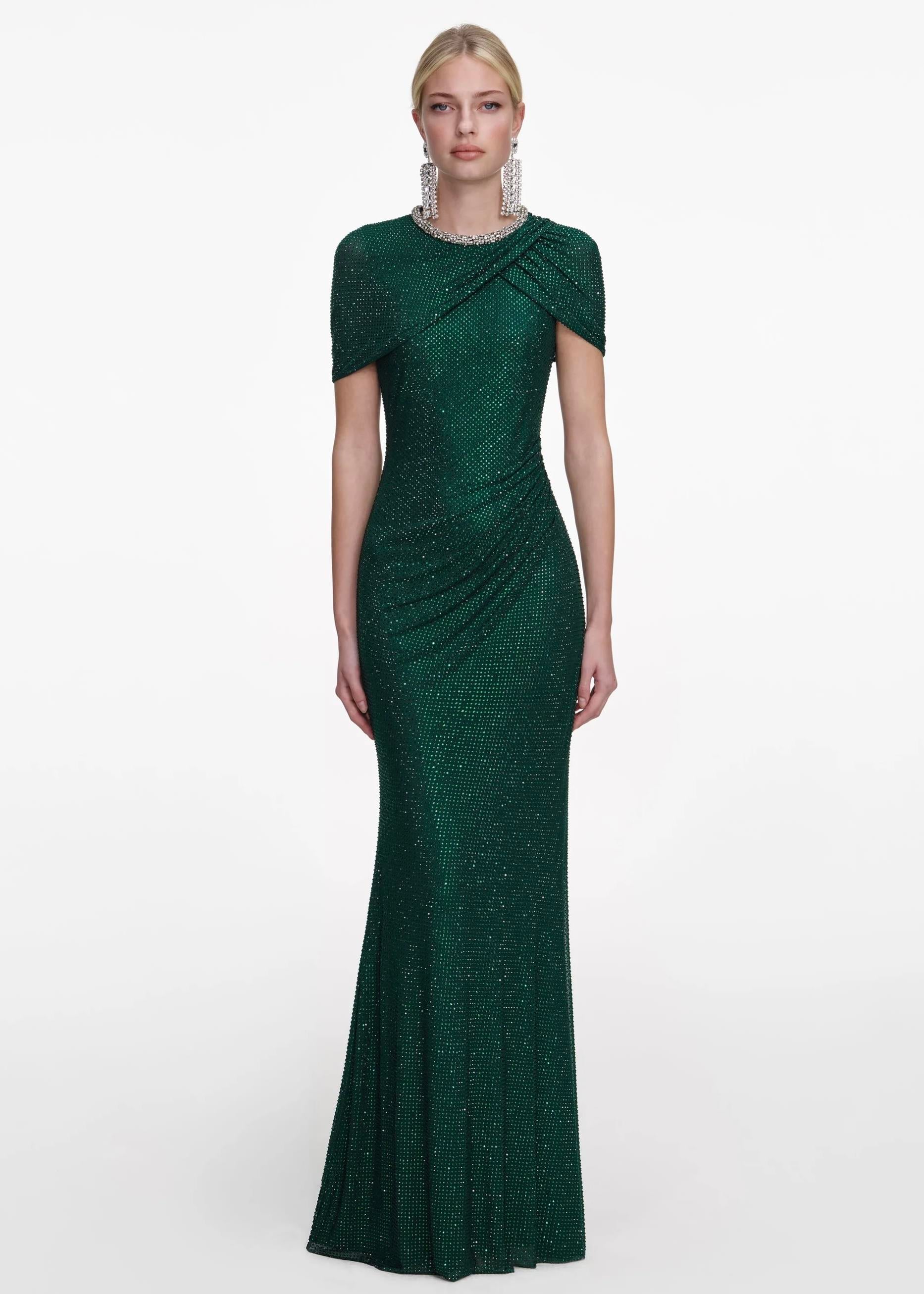 Kristal Taşlı Yeşil Maksi Elbise