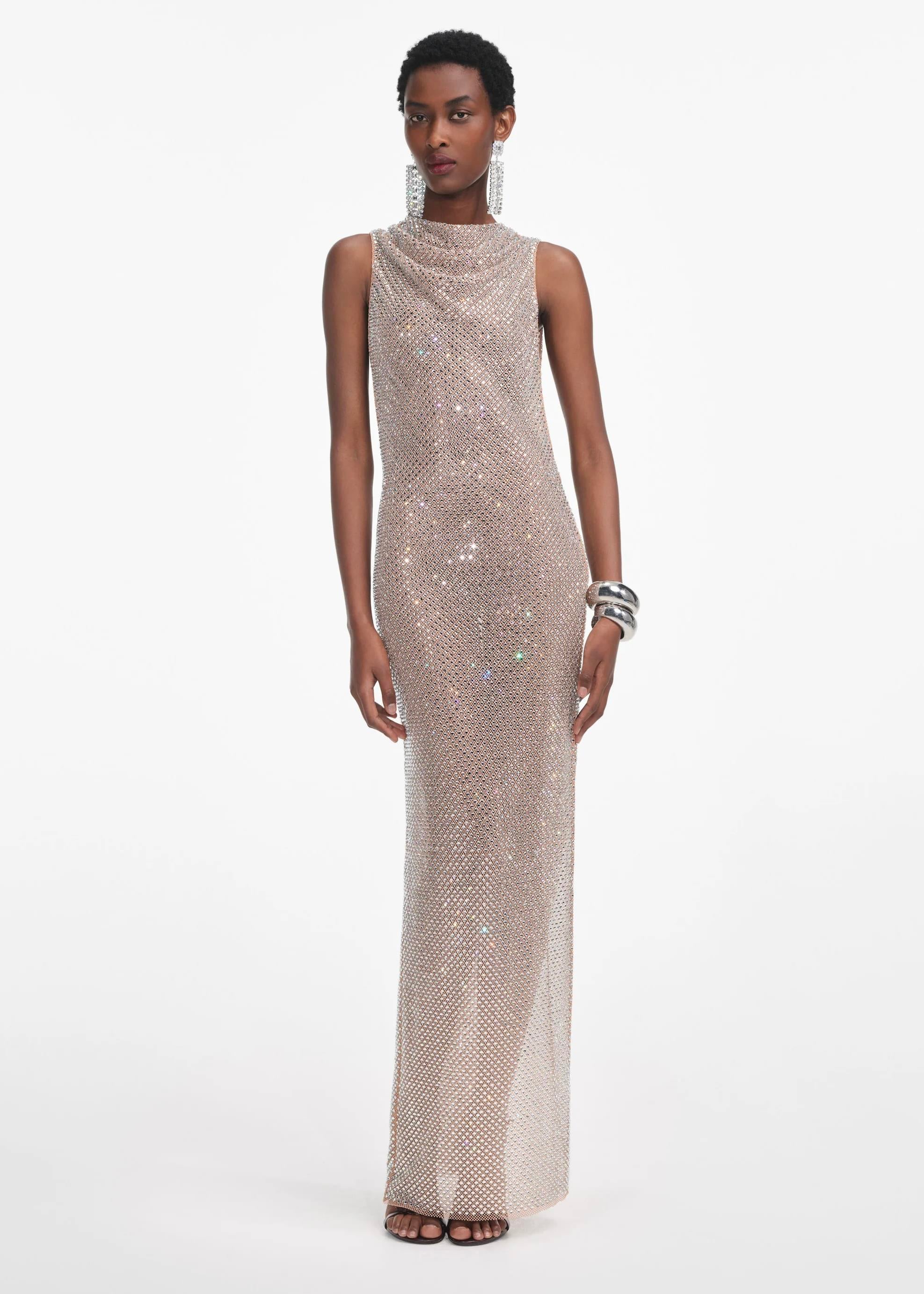 Kristal Taşlı Yırtmaçlı File Elbise