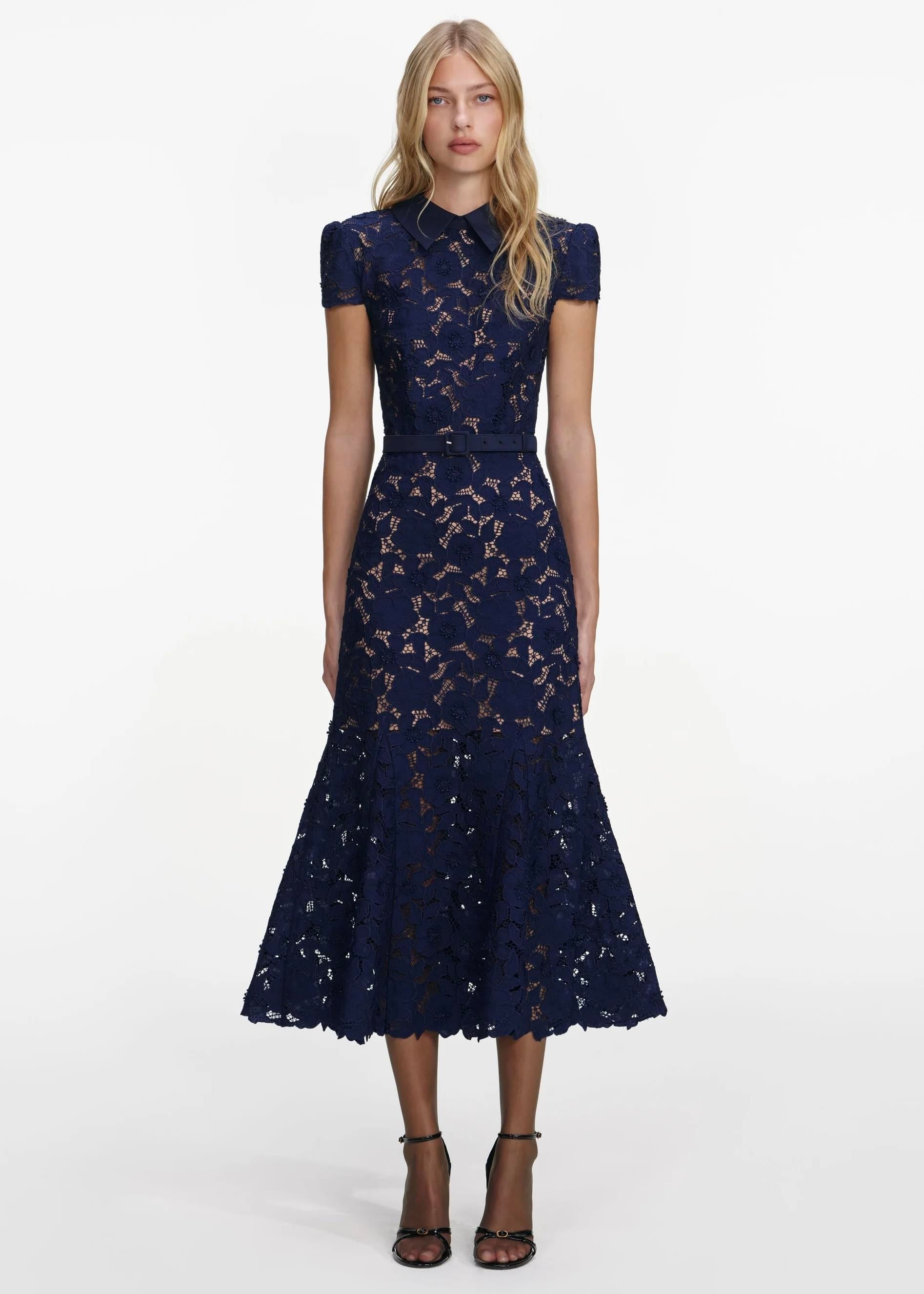 Lacivert Midi Güpür Elbise