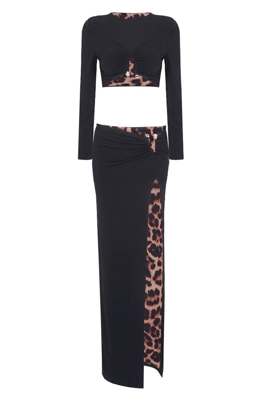 Leopar Detaylı Siyah Bluz ve Etek Takım