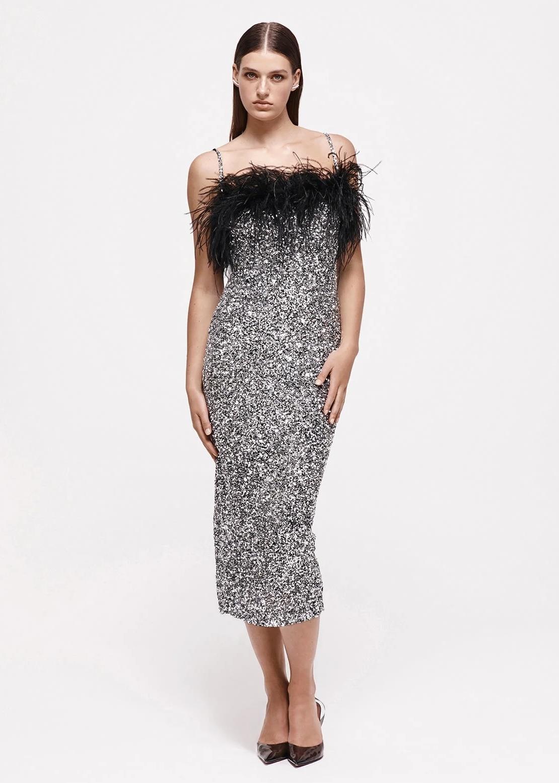 Otriş Detaylı Payetli Gümüş Midi Elbise