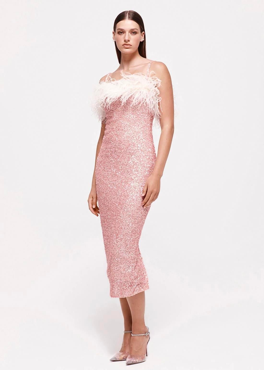 Otriş Detaylı Payetli Pembe Midi Elbise