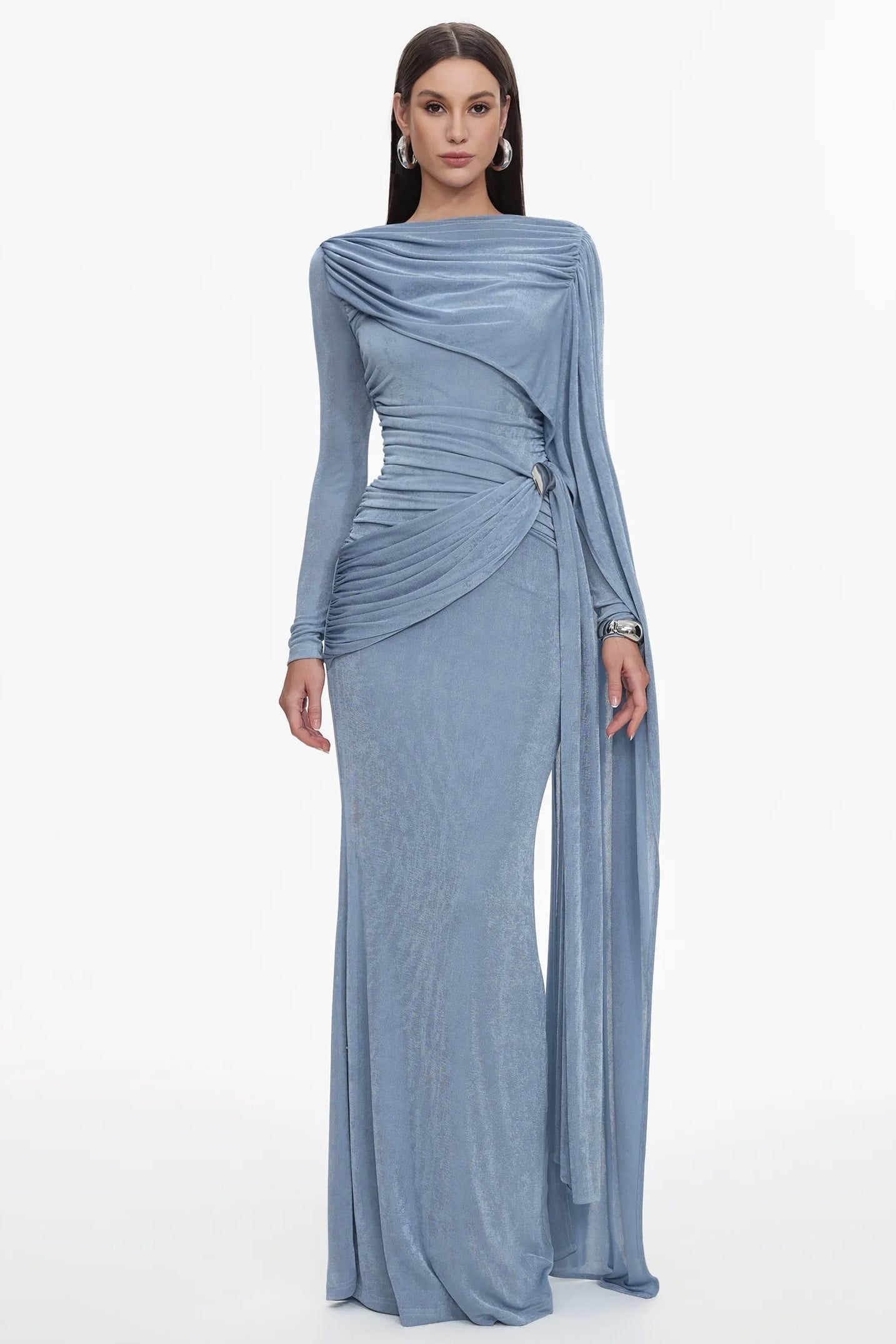 Pelerin Detaylı Drapeli Mavi Maksi Elbise