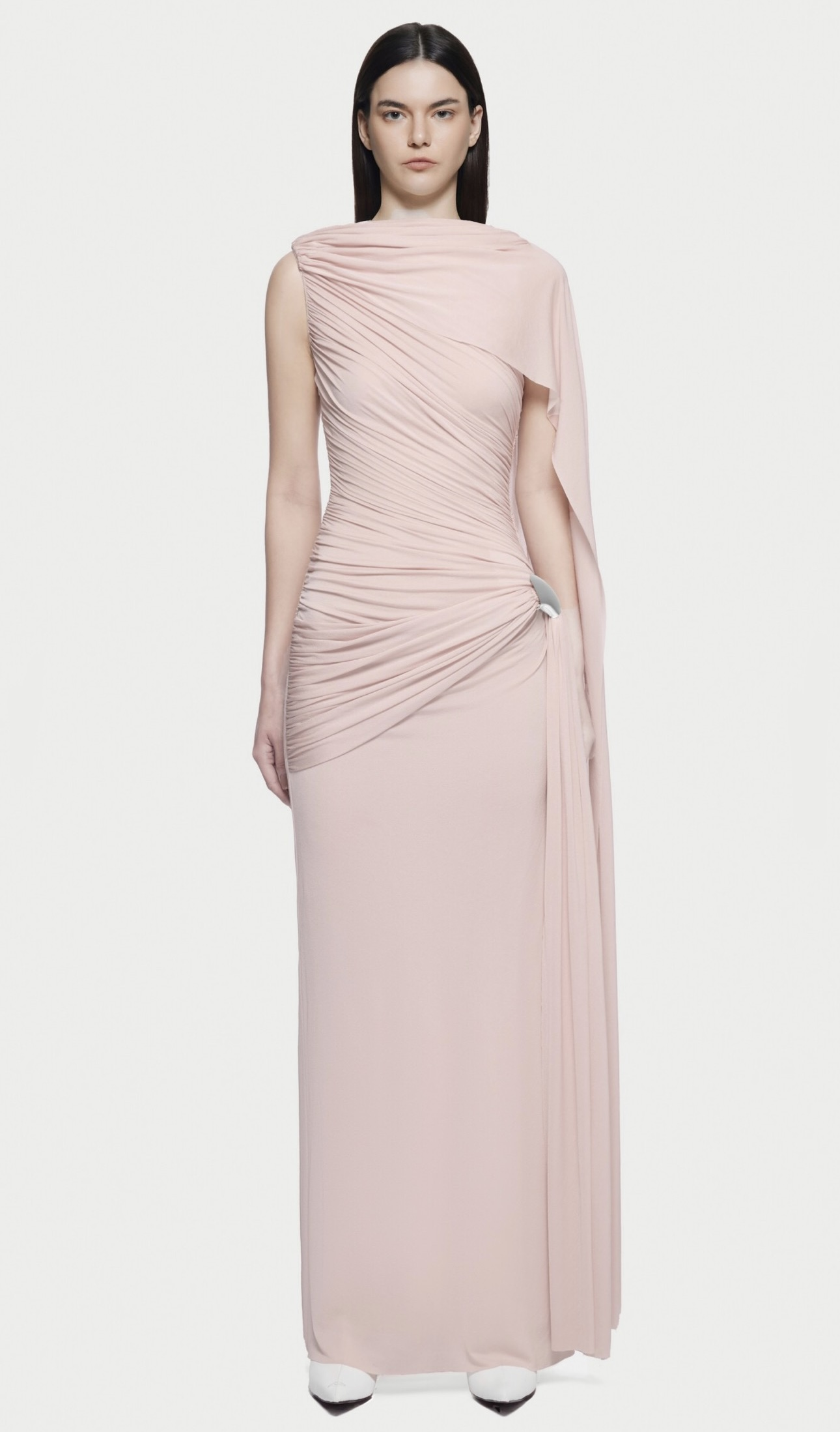 Pelerin Detaylı Drapeli Pembe Maksi Elbise