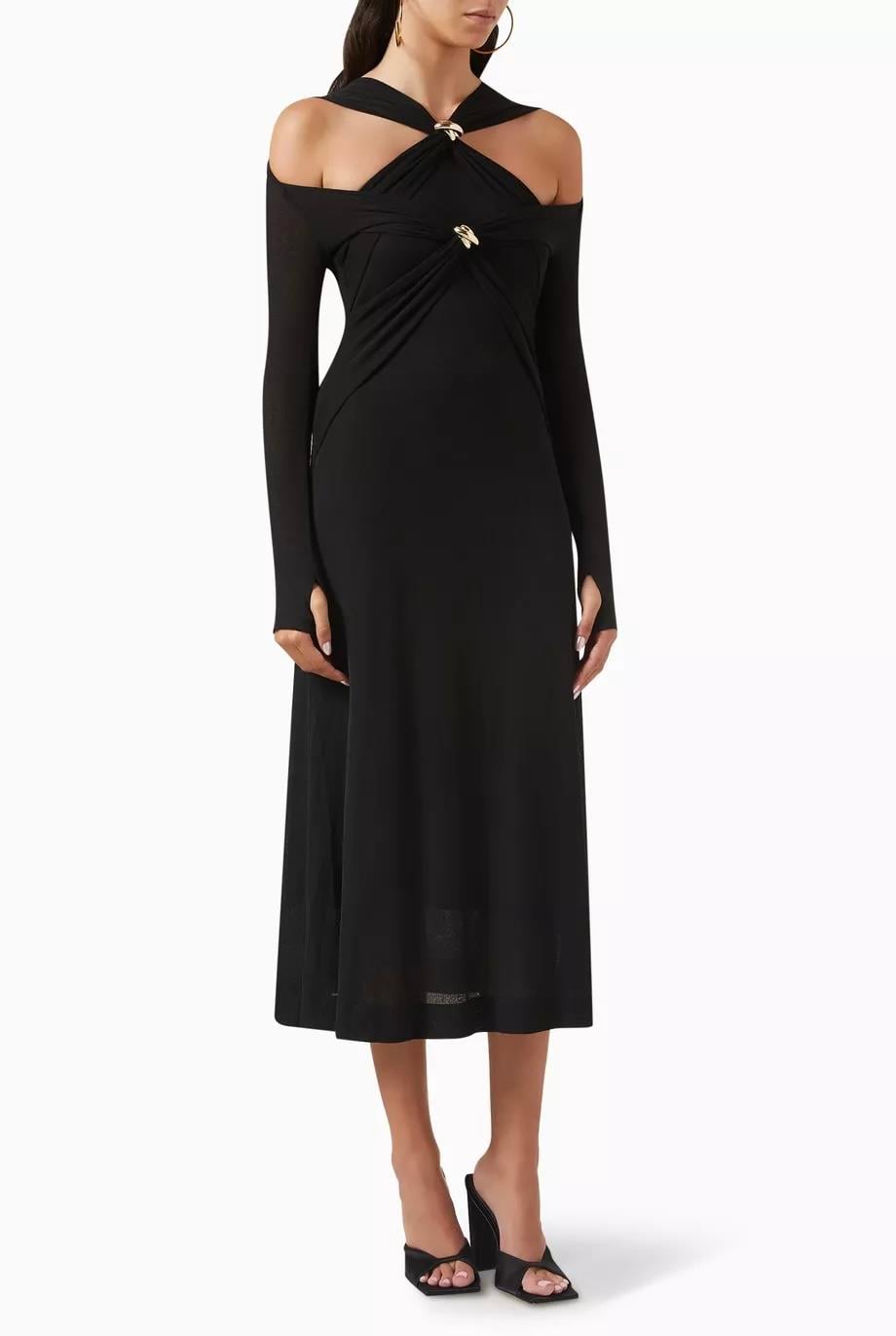 Pencere Detaylı Siyah Midi Elbise