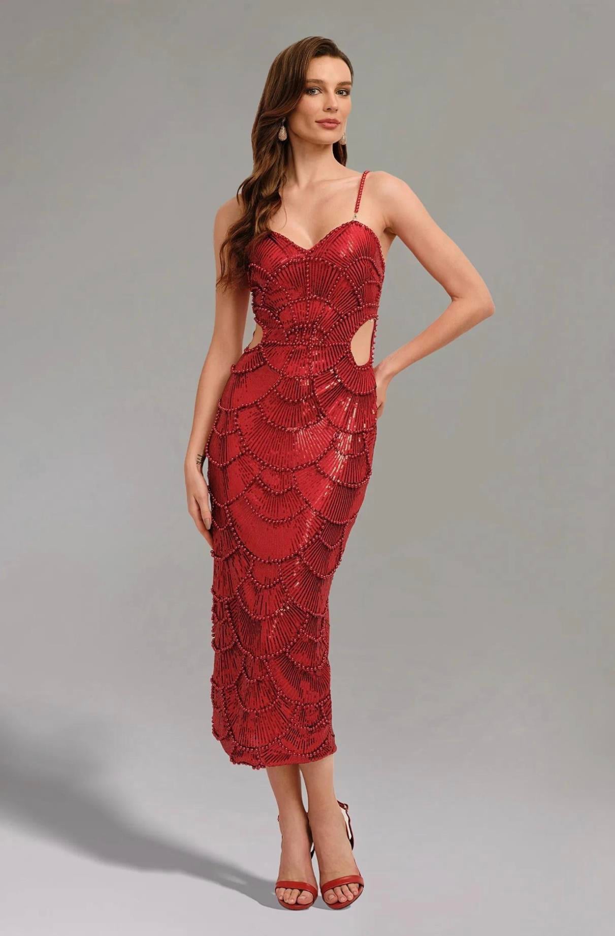 Pul İşlemeli İncili Kırmızı Midi Elbise