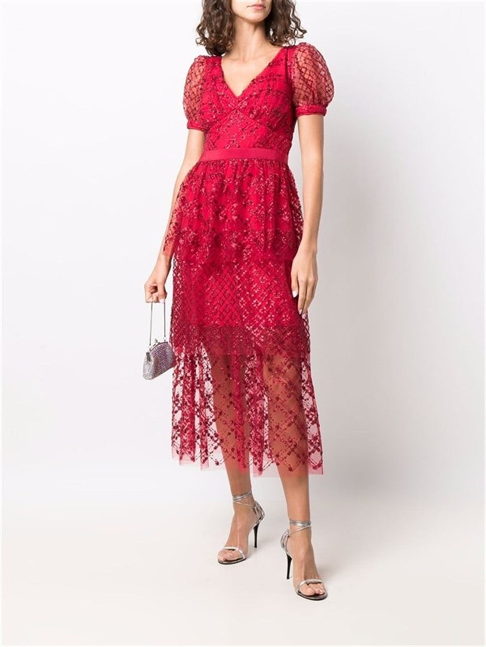 Pul İşlemeli Kırmızı Midi Elbise