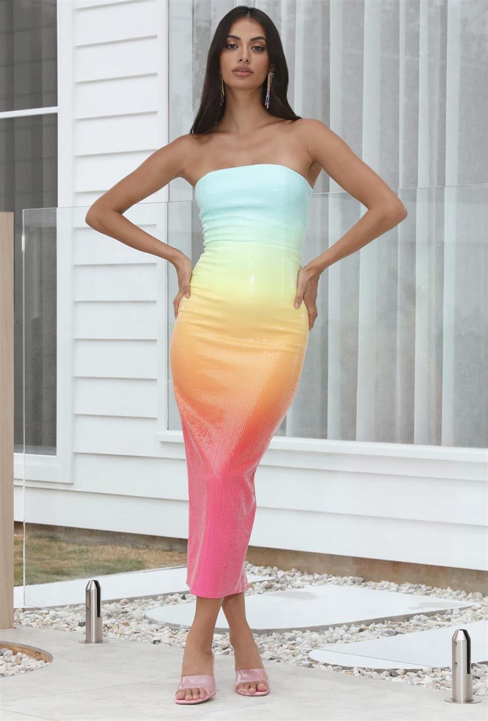 Pullu Straplez Midi Elbise