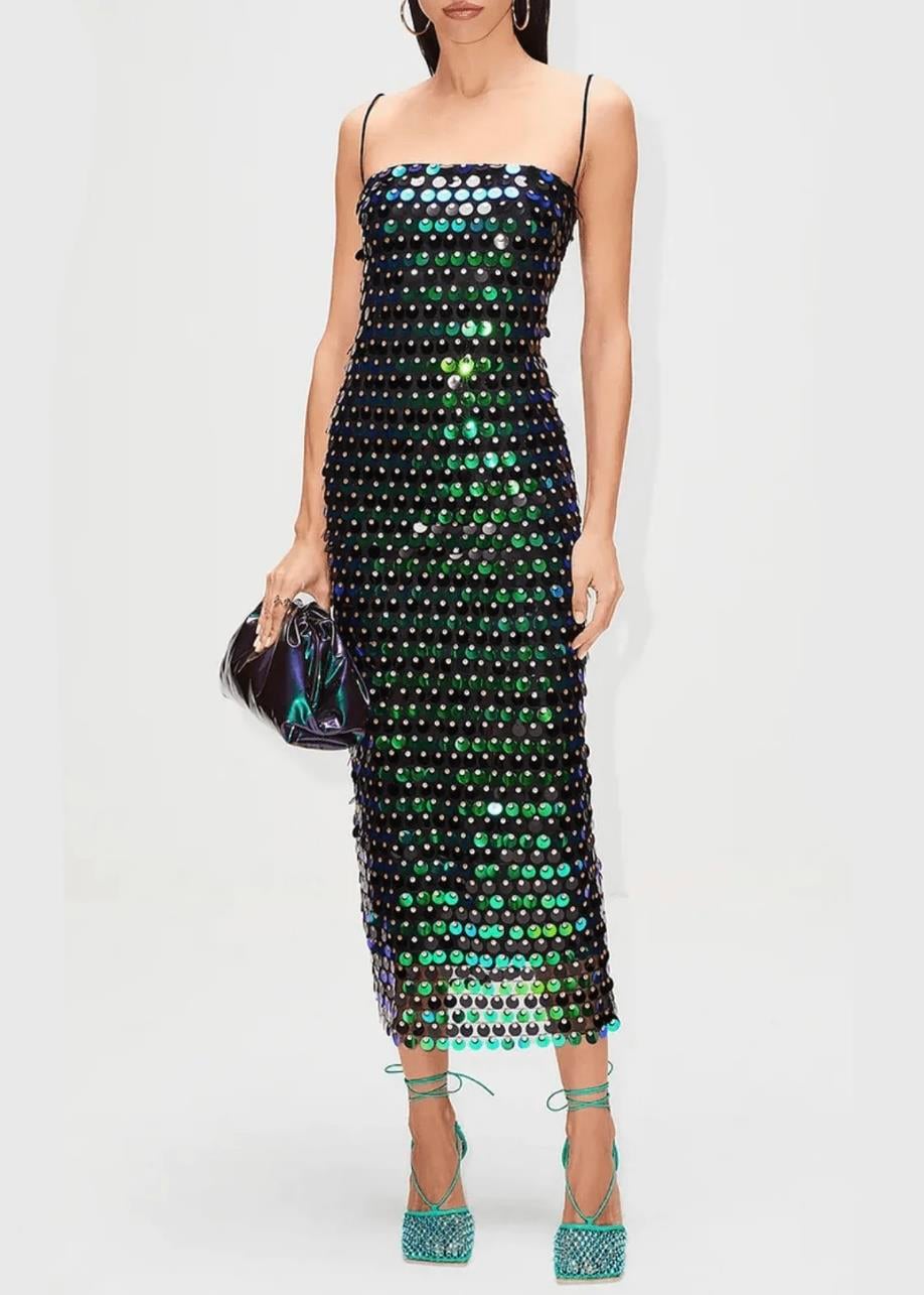 Pullu Yeşil Midi Elbise