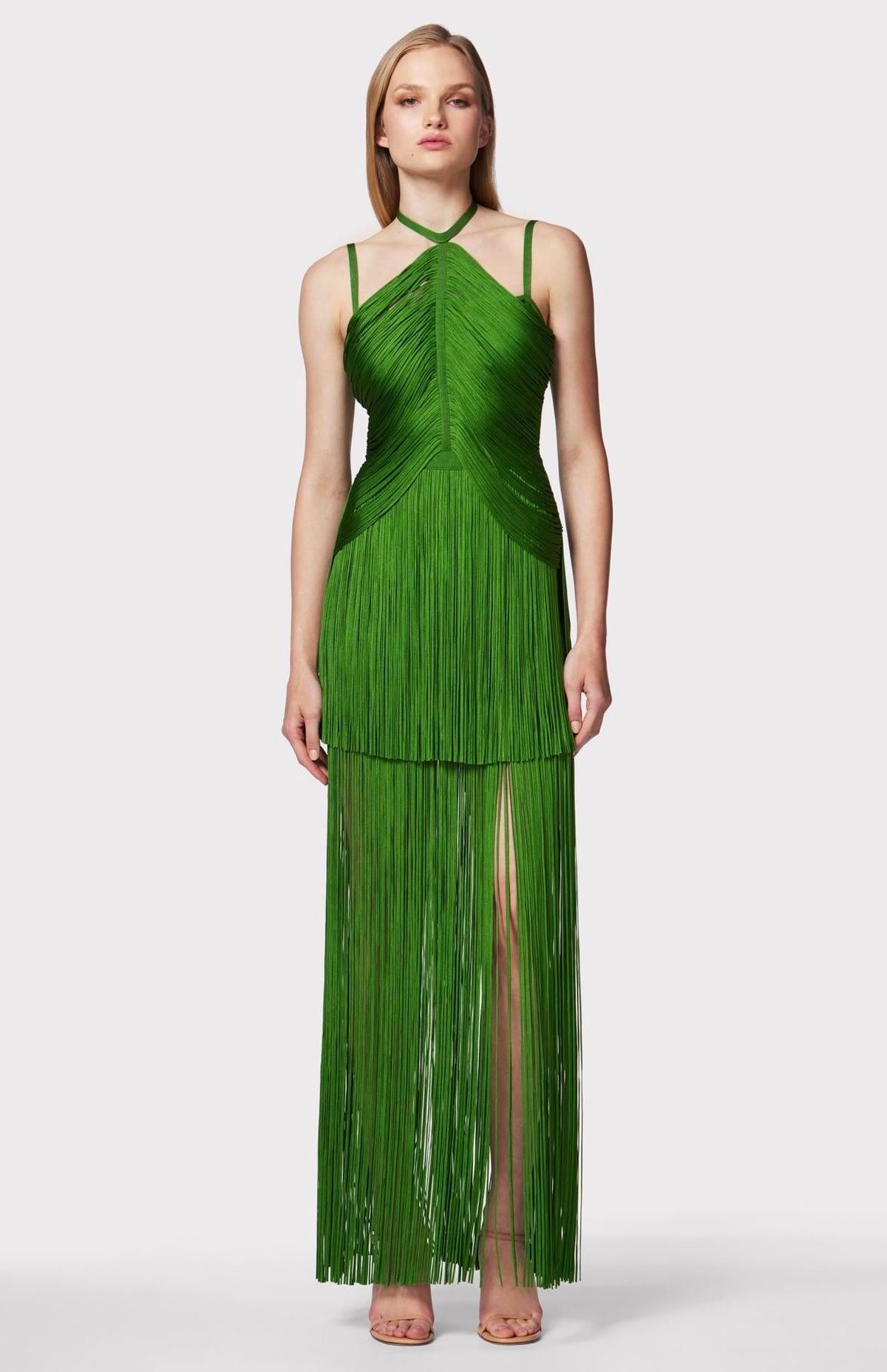 Püsküllü Yeşil Midi Elbise