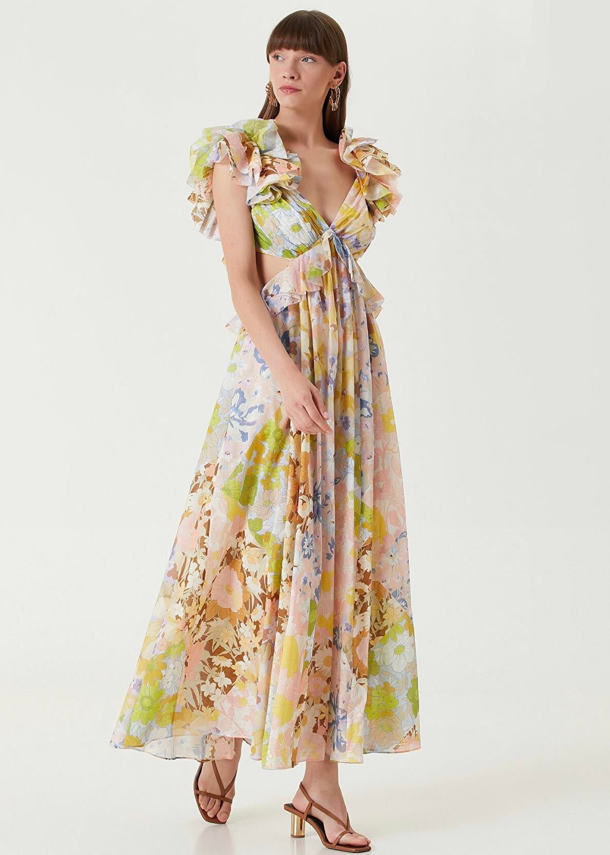 Sırt Detaylı Çiçek Desenli Midi Elbise