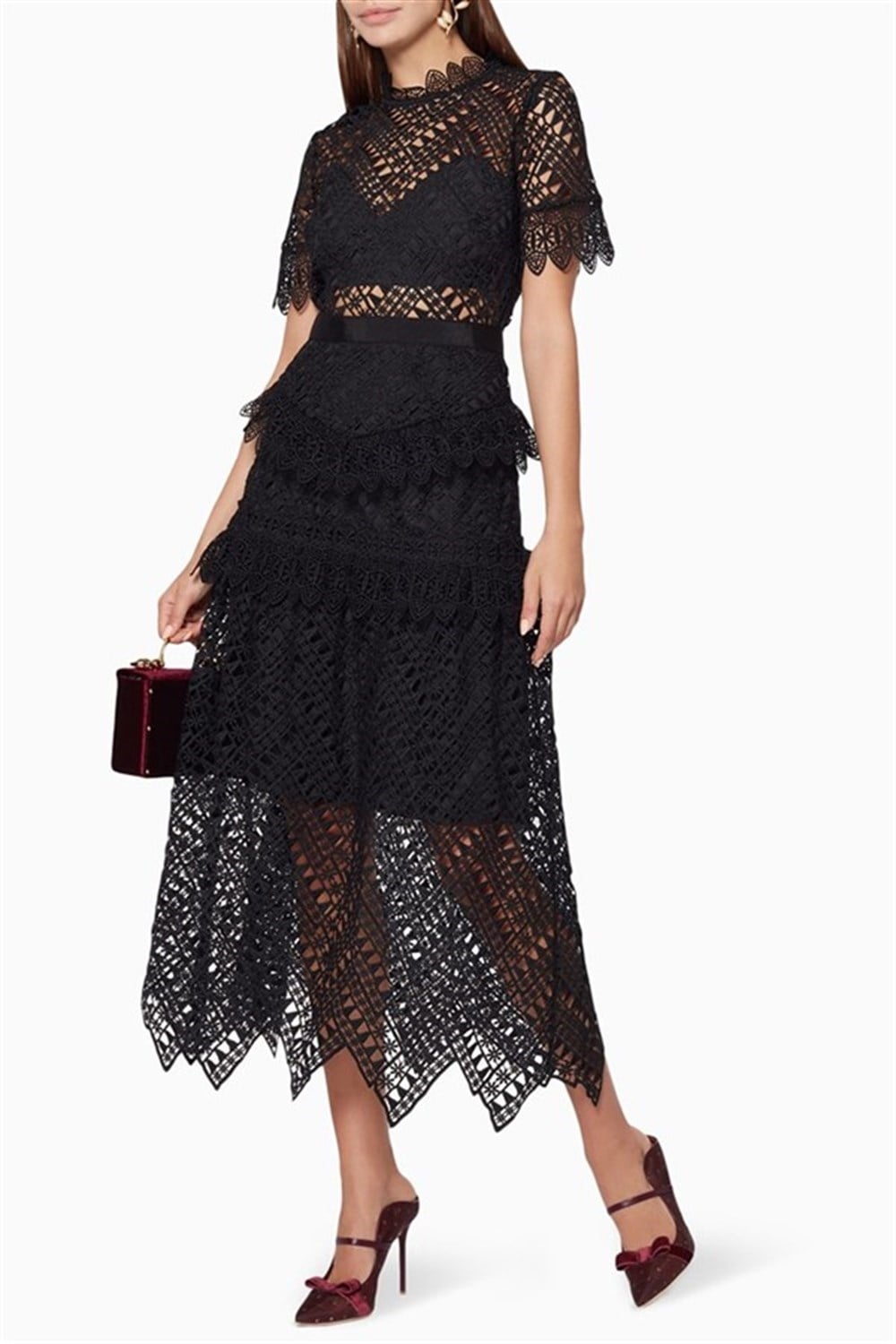 Siyah Dantel Midi Elbise