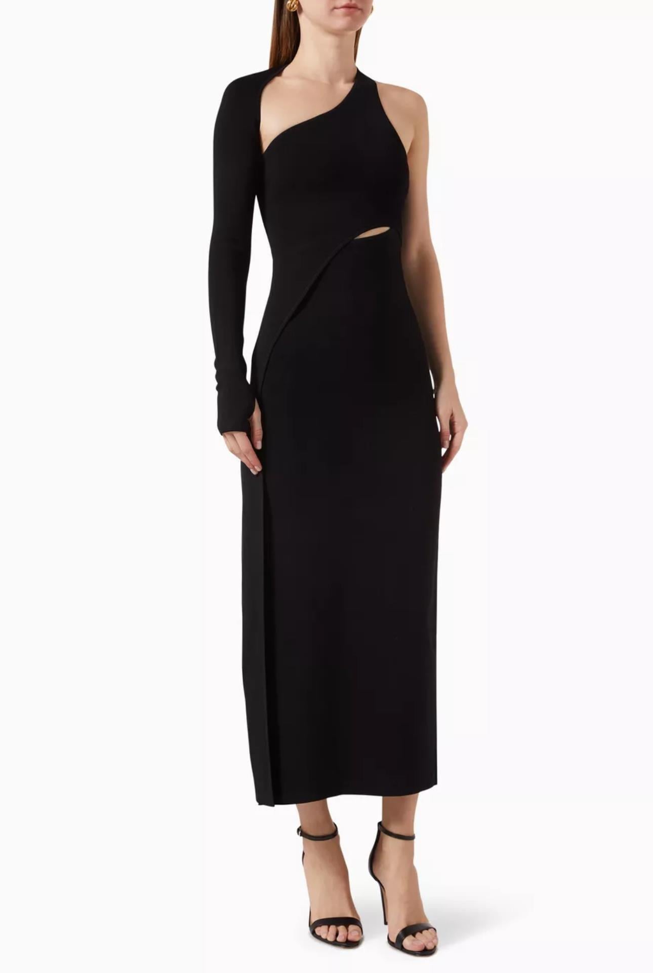 Tek Kollu Siyah Bandaj Midi Elbise