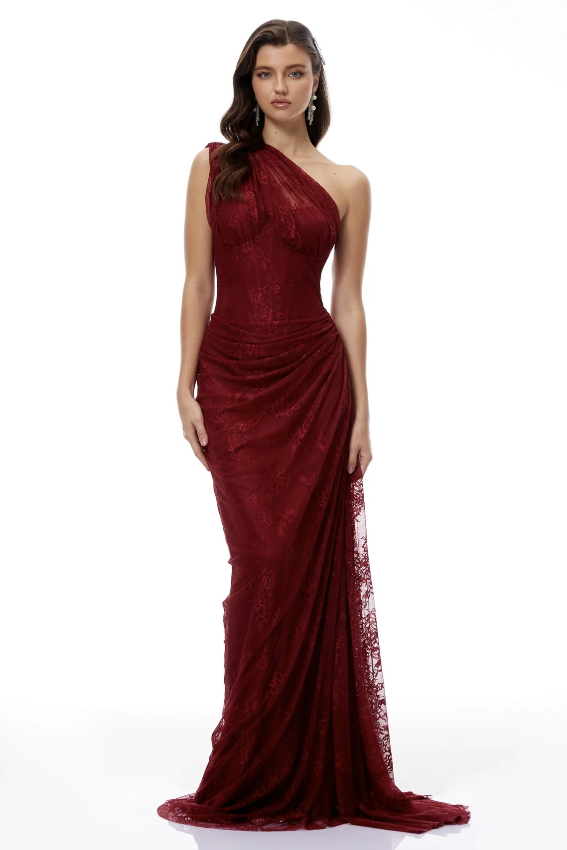 Tek Omuzlu Bordo Dantel Maksi Elbise