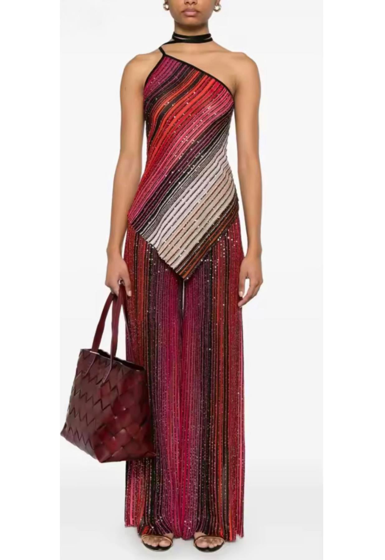 Tek Omuzlu Işıltılı Bluz ve Pantolon Takım