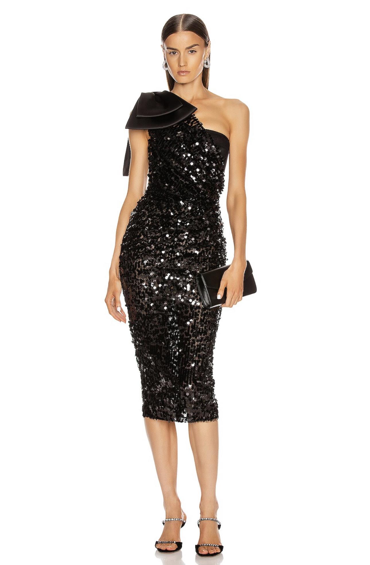 Tek Omuzlu Payetli Siyah Midi Elbise