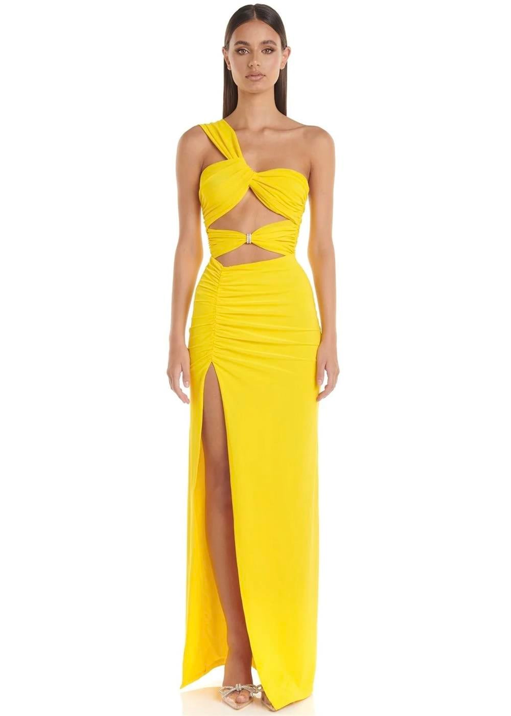 Tek Omuzlu Yırtmaçlı Sarı Elbise