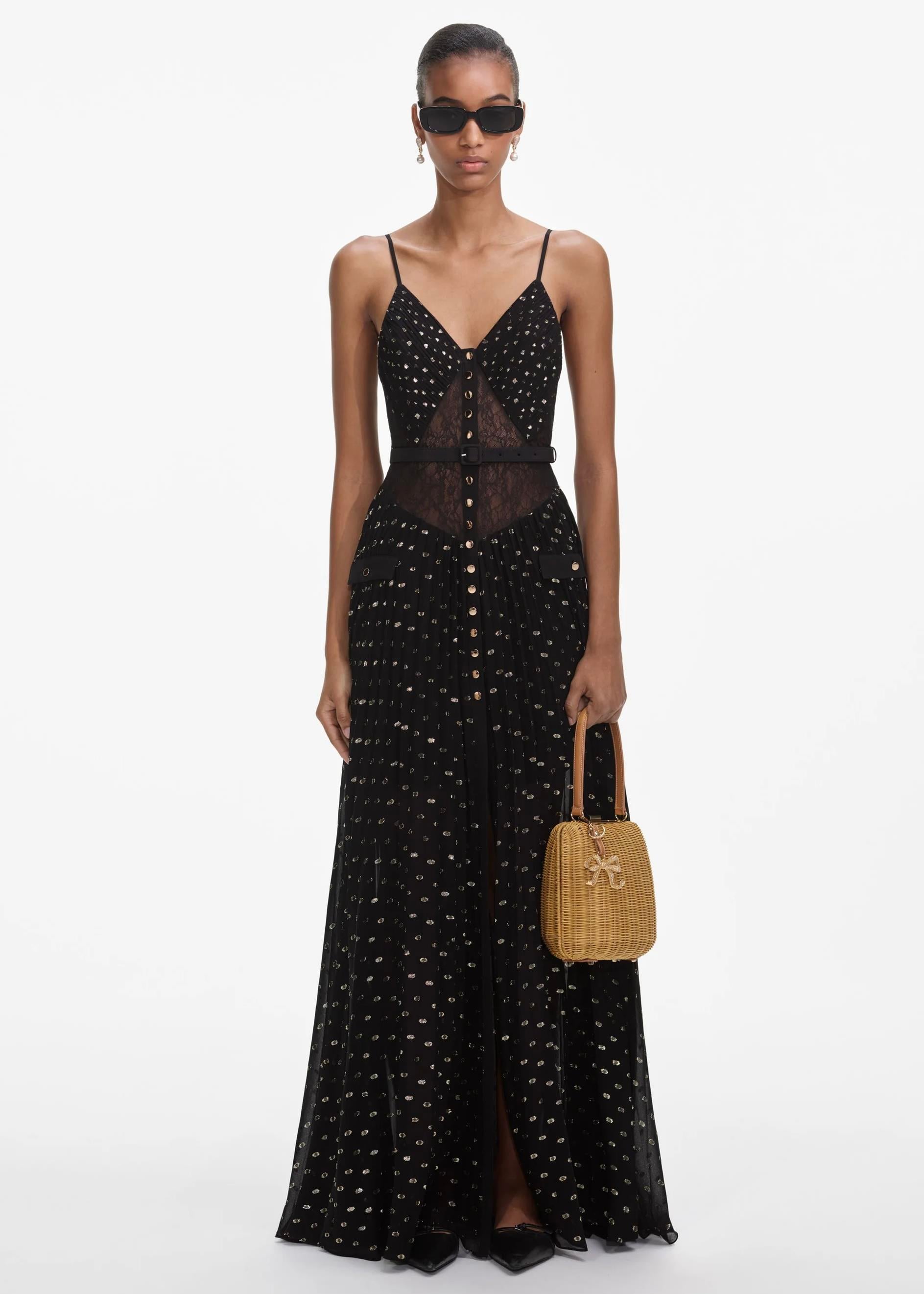 Transparan Detaylı Gold Düğmeli Siyah Maksi Elbise