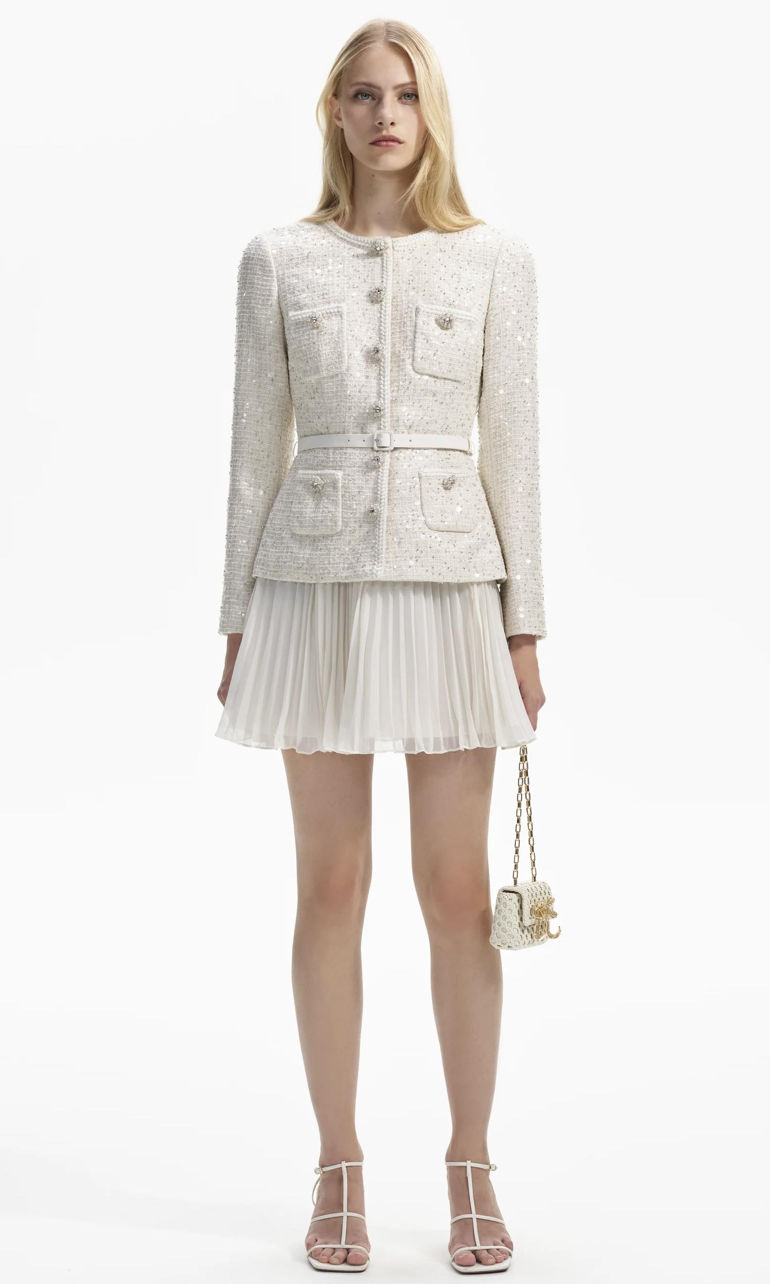 Tüvid Ceketli Pileli Beyaz Mini Elbise