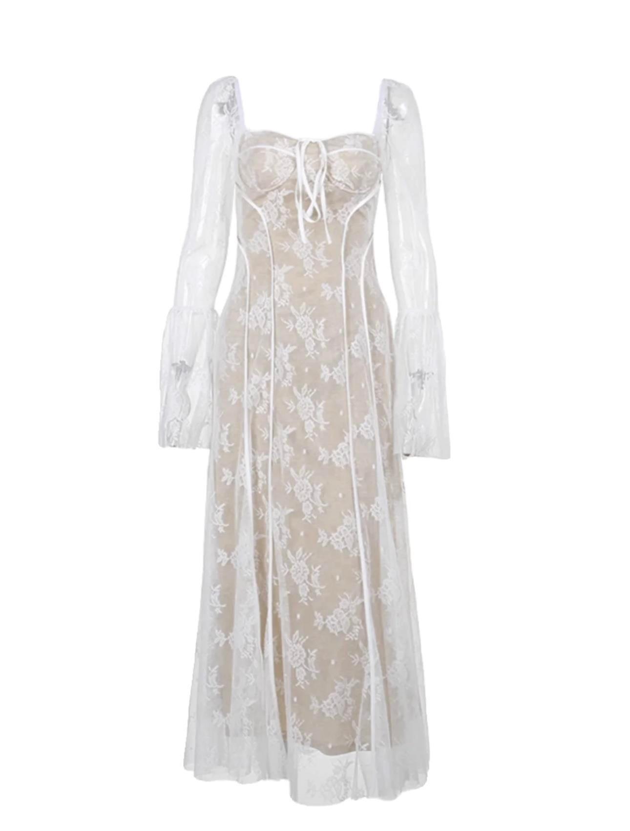 Uzun Kollu Dantel Midi Elbise