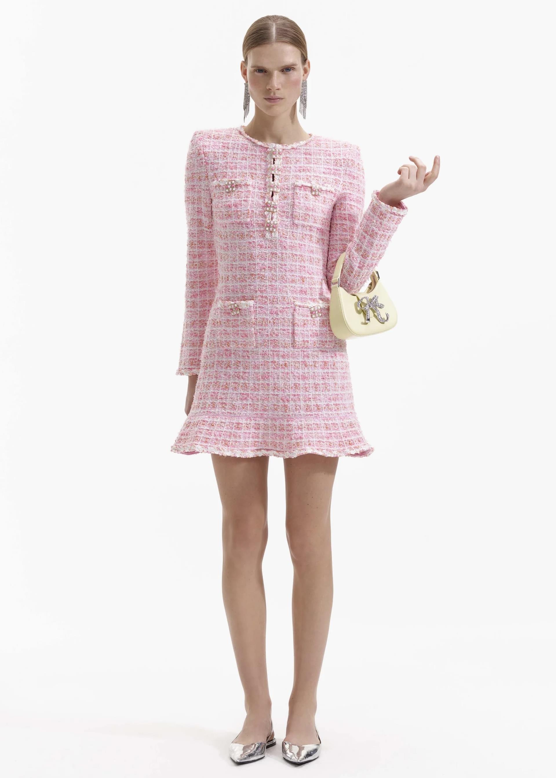 Uzun Kollu Pembe Tüvit Mini Elbise