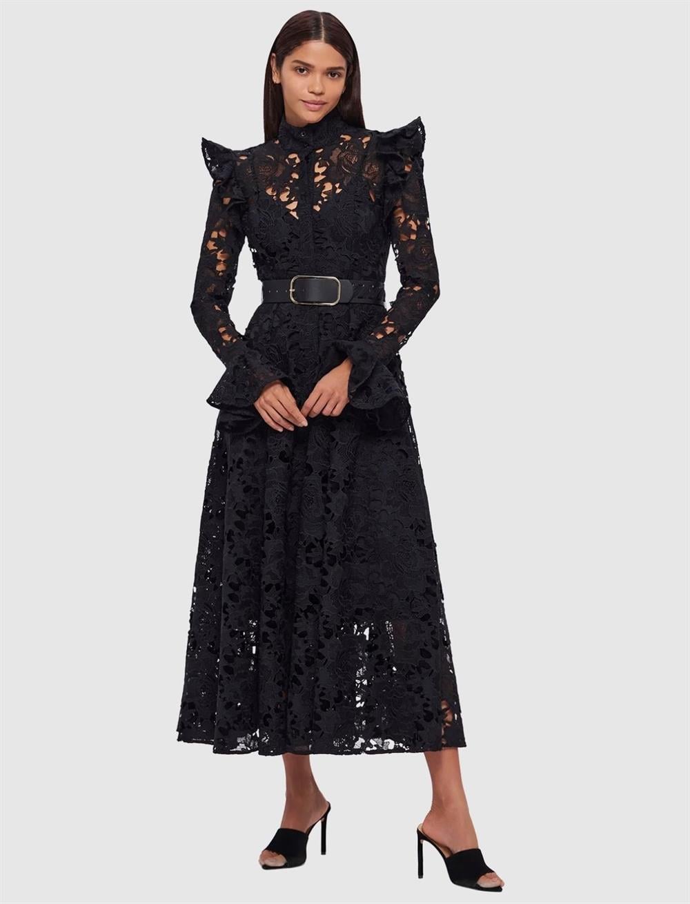 Uzun Kollu Siyah Dantel Midi Elbise