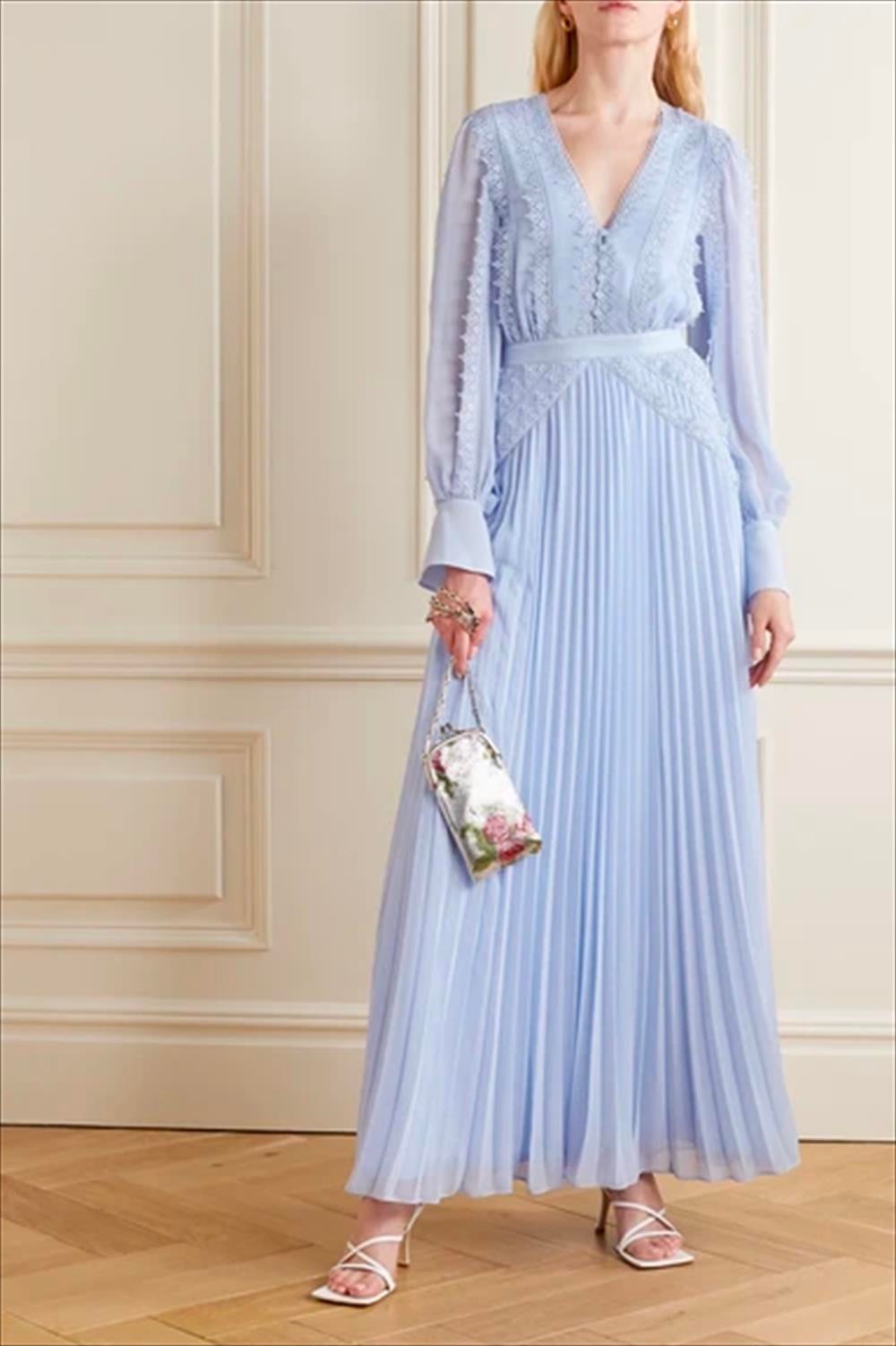 V Yaka Mavi Maksi Elbise