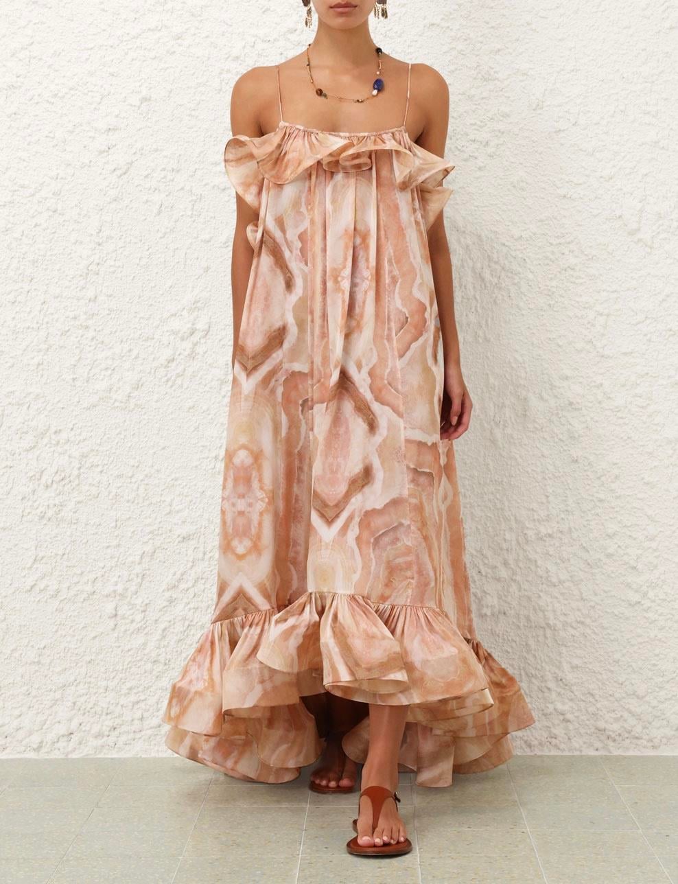 Volanlı Desenli Maksi Elbise