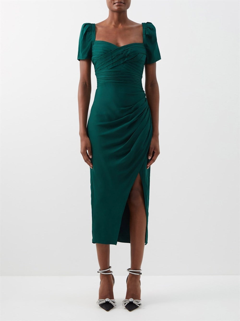 Yeşil Drapeli Midi Elbise