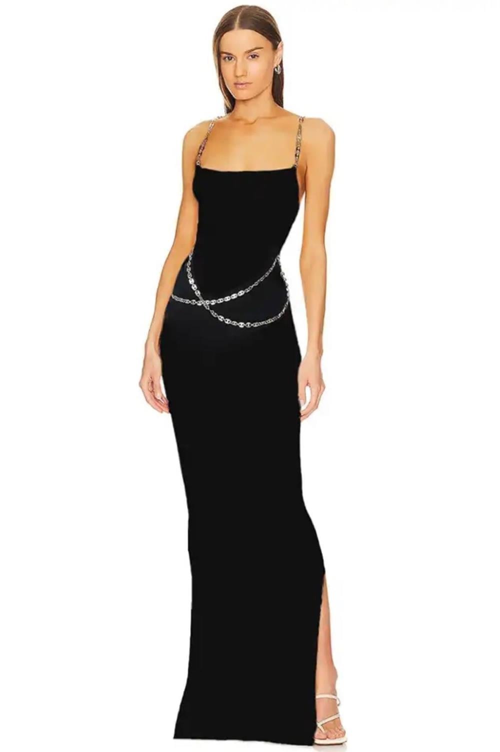 Zincir Detaylı Siyah Maksi Elbise