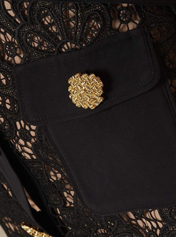 Gold Düğmeli Güpür Mini Elbise