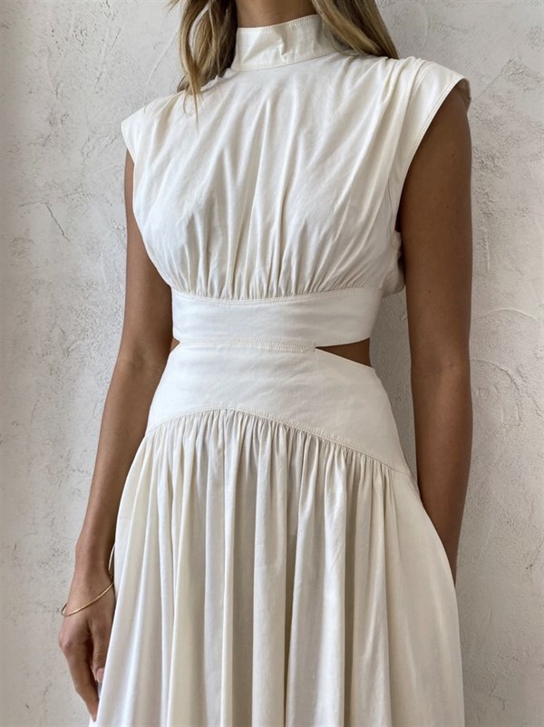 Sırt Detaylı Beyaz Midi Elbise