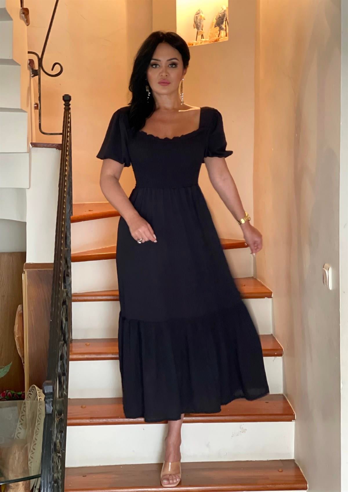 3558 Siyah Airobin Gideli Elbise 